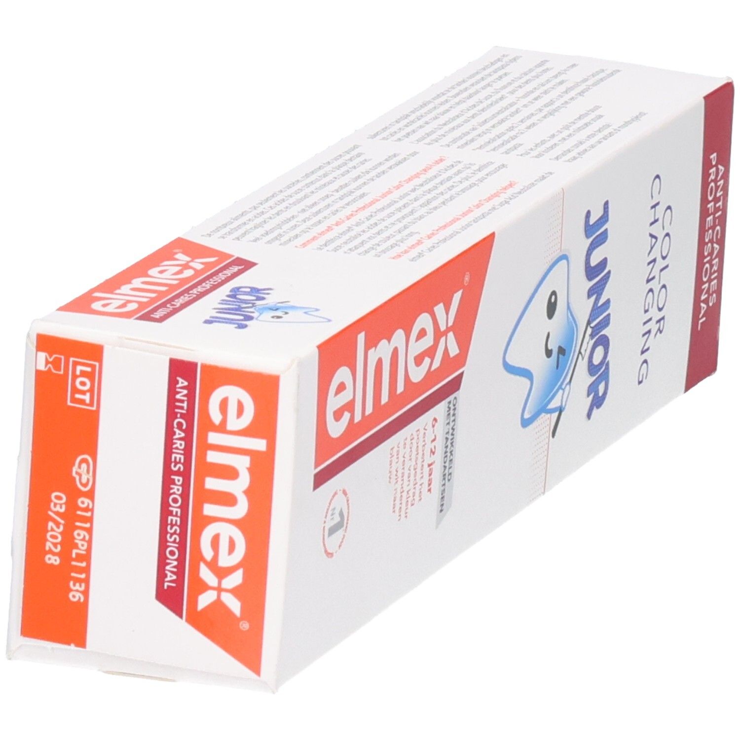 Elmex Junior Color Changing Zahnpasta-Verpackung, schräge Ansicht mit Logo und Produktmerkmalen.