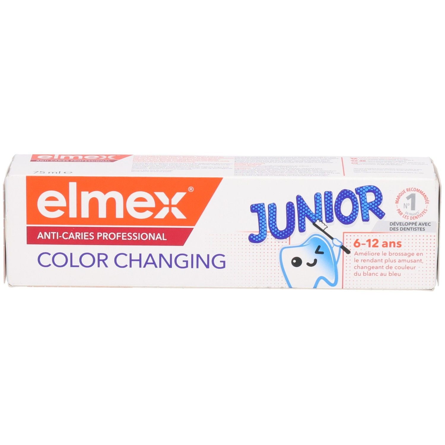 Elmex Junior Color Changing Zahnpasta-Verpackung mit Zahn-Illustration und Altersangabe 6-12 Jahre.