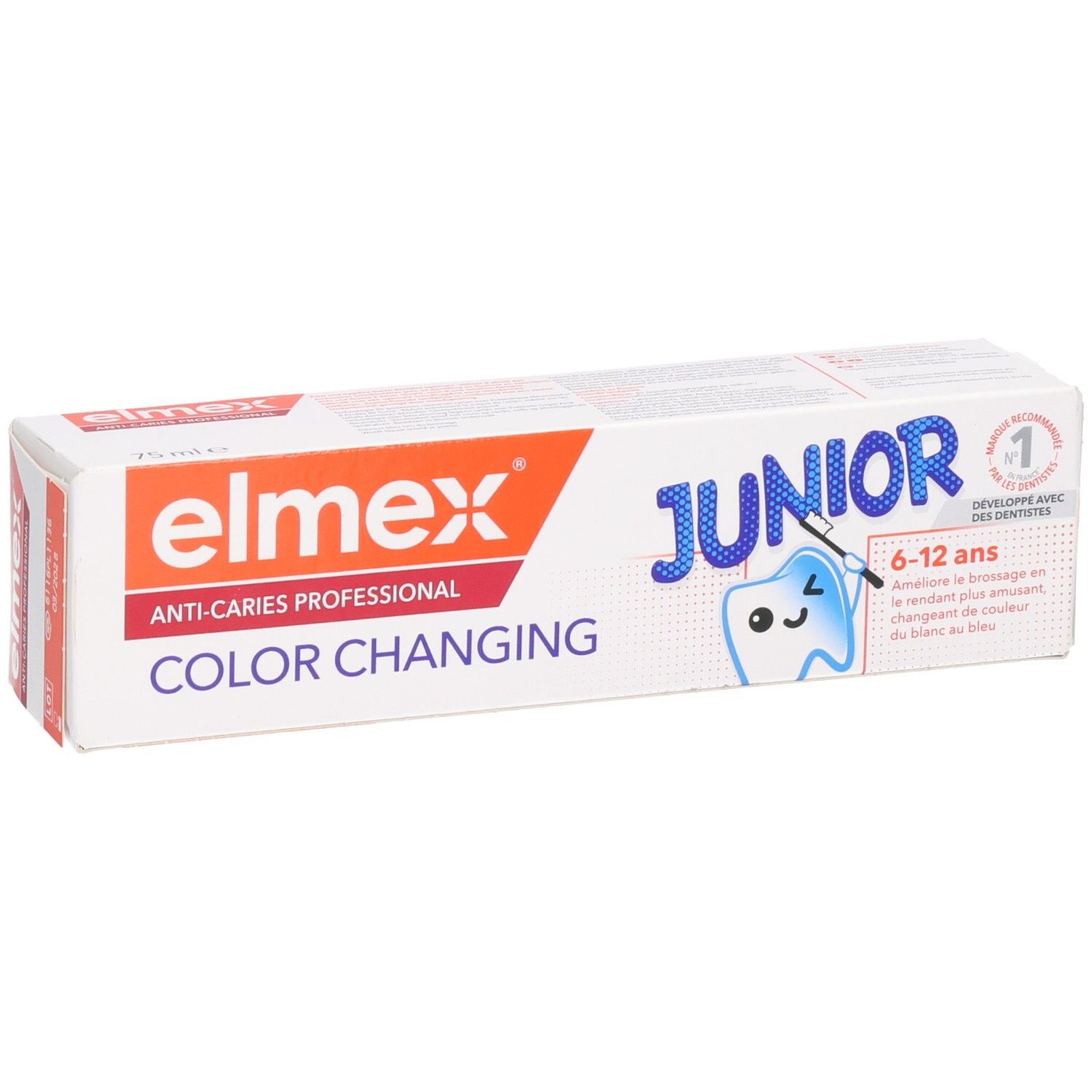 Elmex Junior Color Changing Zahnpasta-Verpackung, schräge Ansicht mit Logo und Produktmerkmalen.
