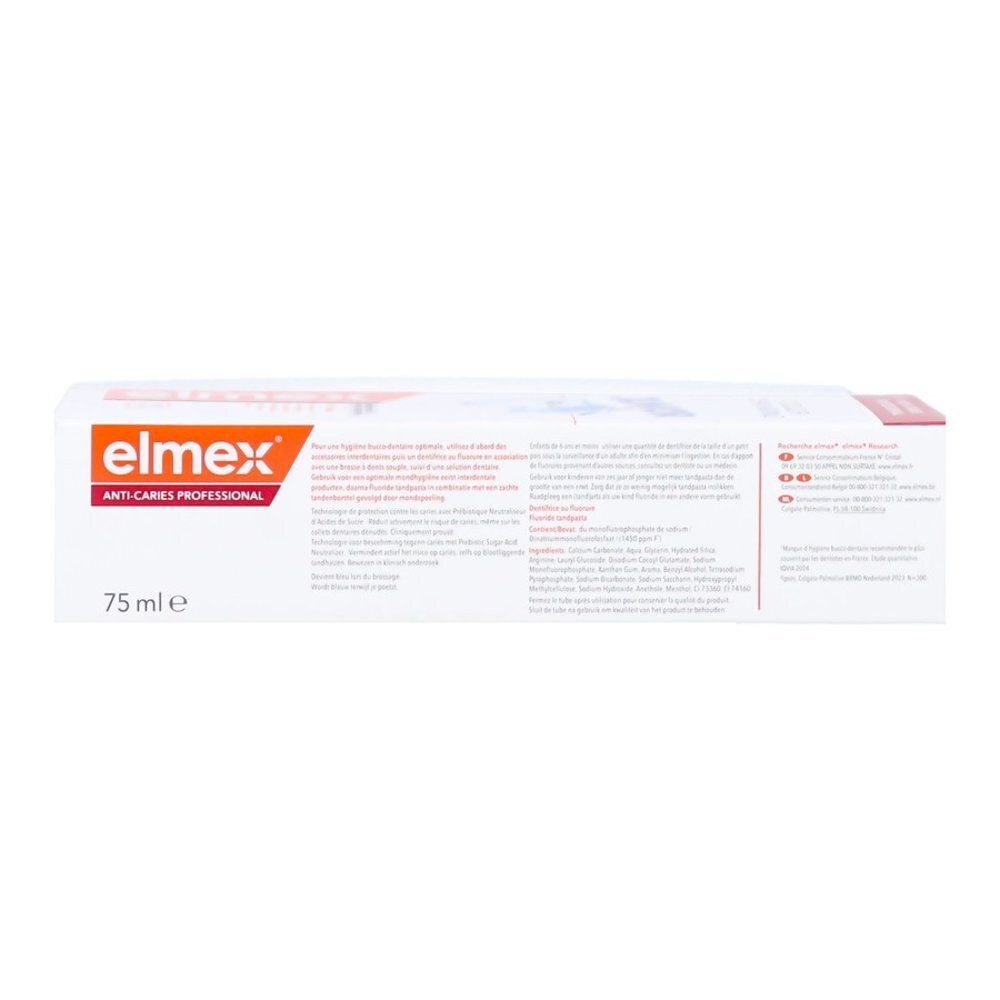 Emballage Elmex Junior Color Changing dentifrice, vue latérale avec numéro de lot et date d'expiration.