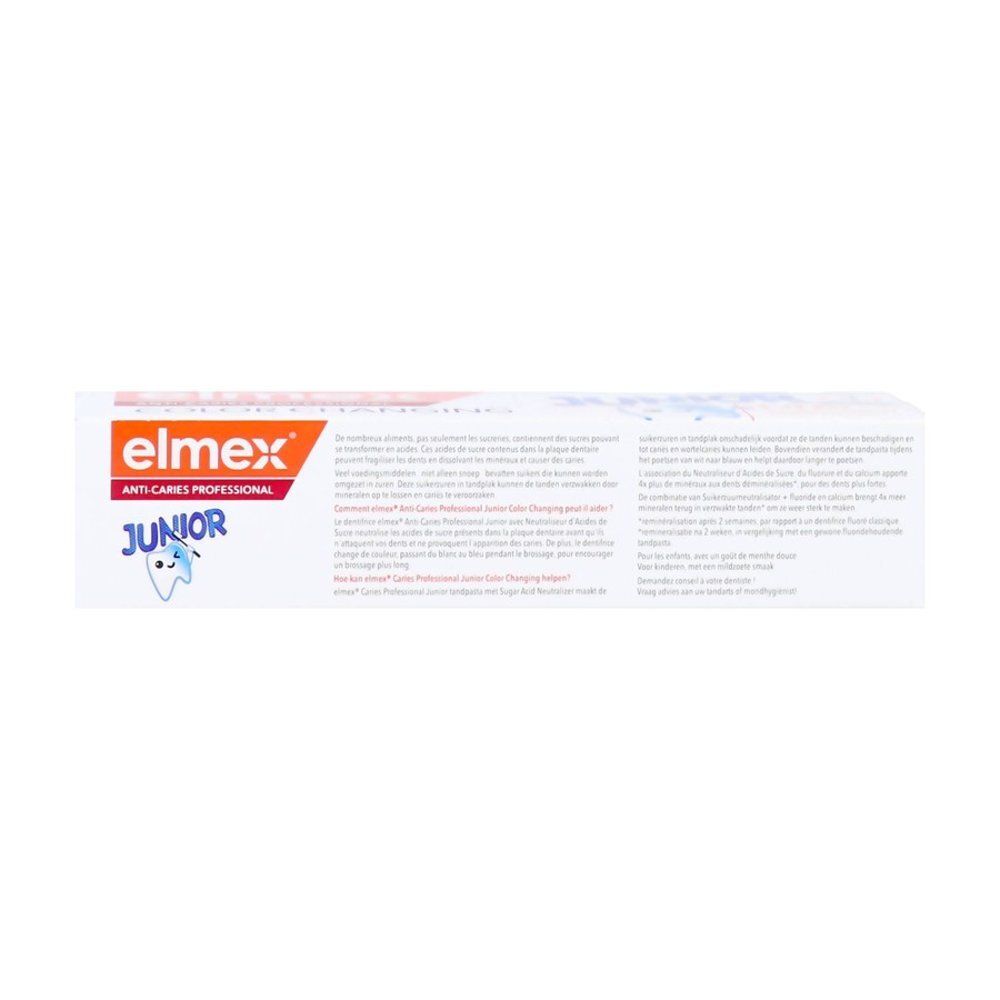 Emballage Elmex Junior Color Changing dentifrice, vue de dessus avec indication d'âge 6-12 ans.