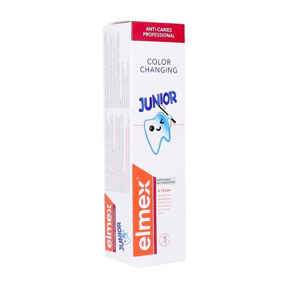 Emballage Elmex Junior Color Changing dentifrice, vue en perspective avec logo et caractéristiques du produit.