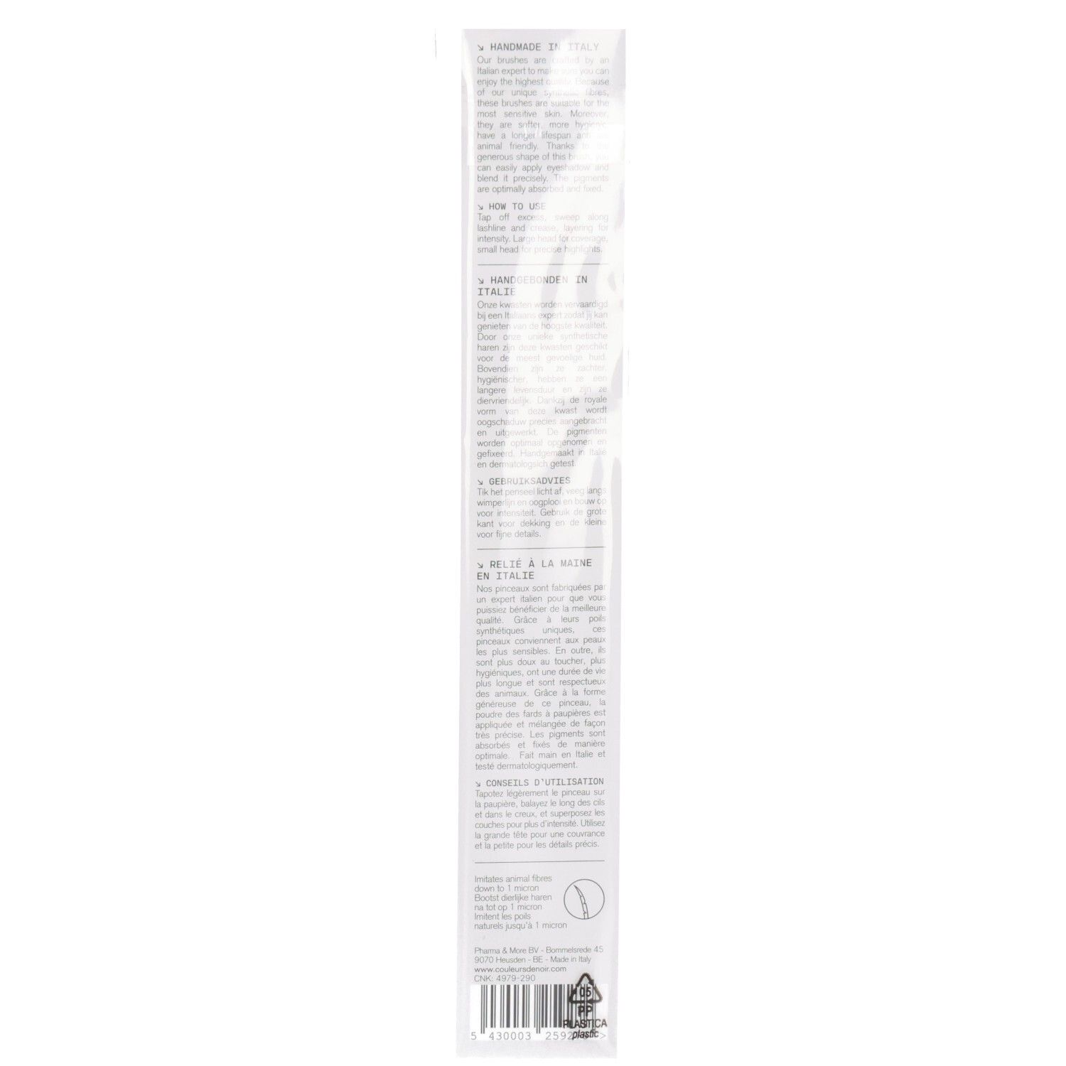 Rückseite der Verpackung eines Doppelpinsels für Puder mit Produktinformationen und Anwendungsanleitung.