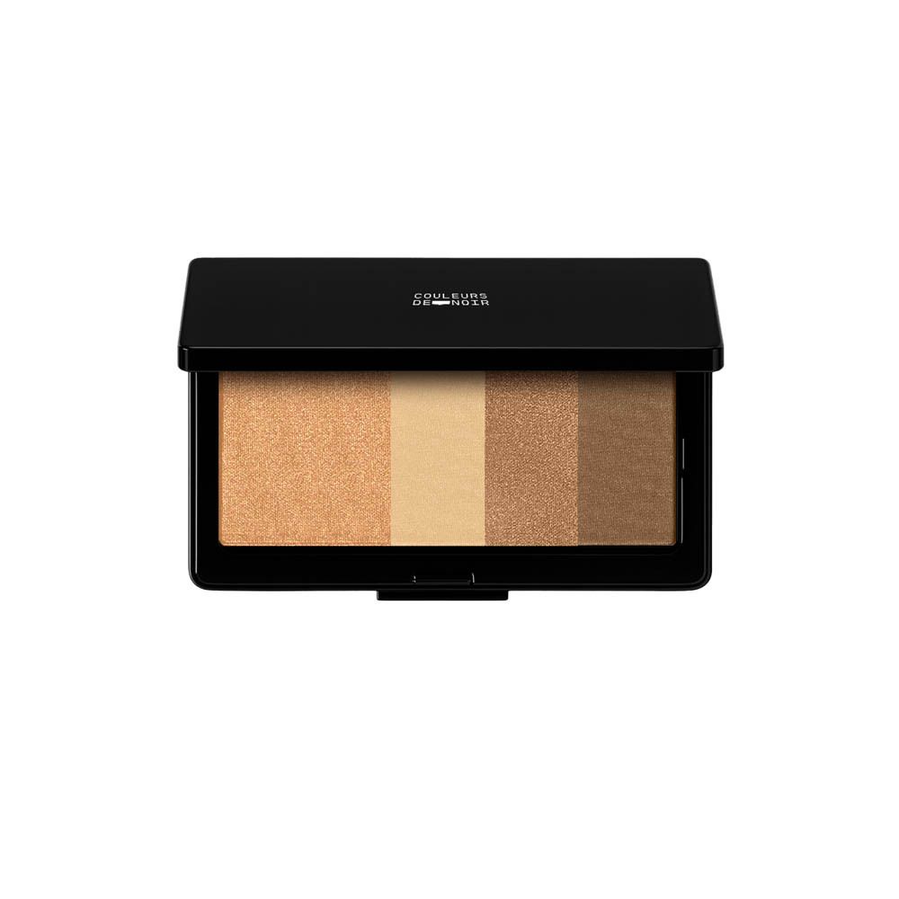 Palette compacte avec quatre fards à paupières bronzés dans un boîtier noir.