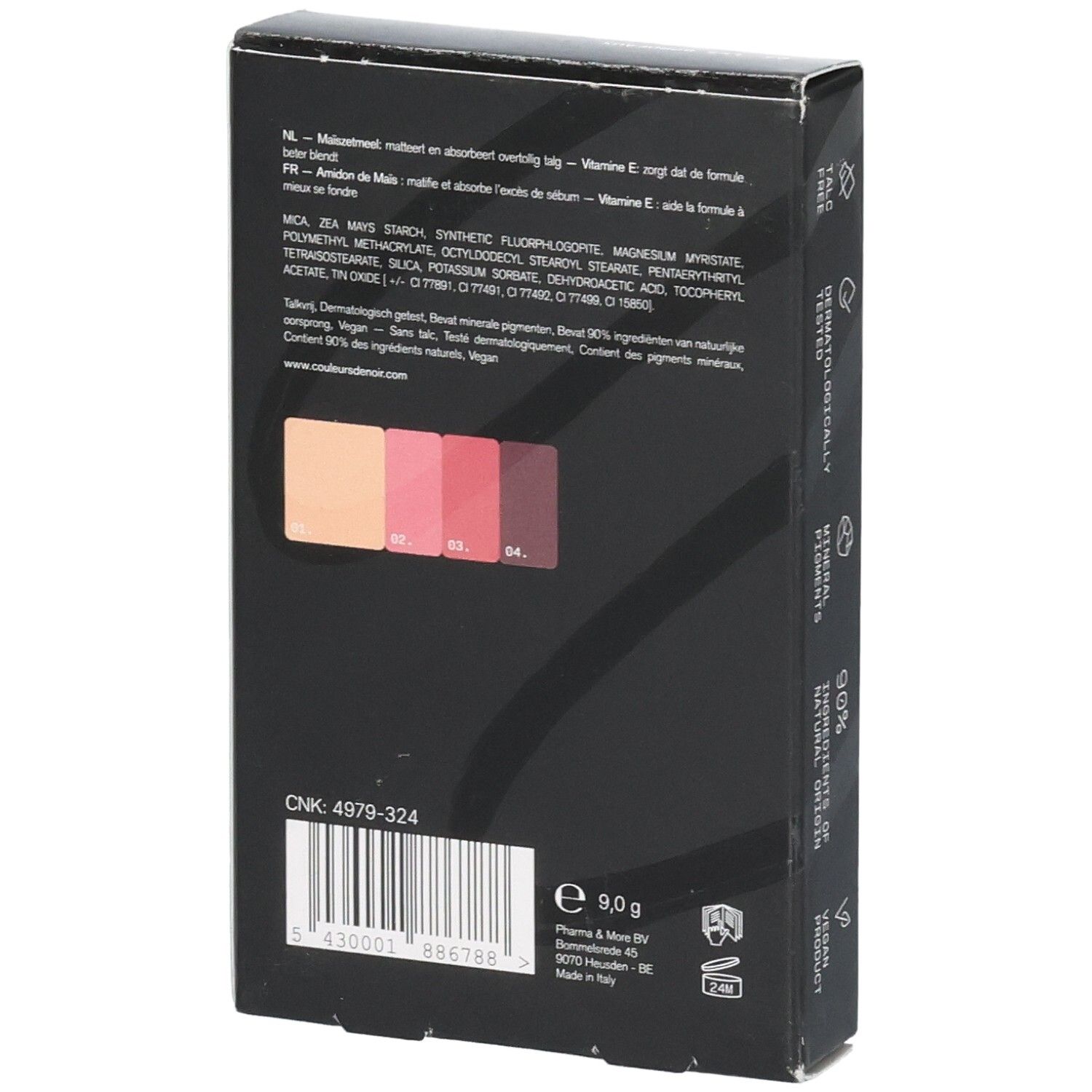 Rückseite der Lidschattenpalette 03 Les Bordeaux mit Farbmuster und Produktinformationen.