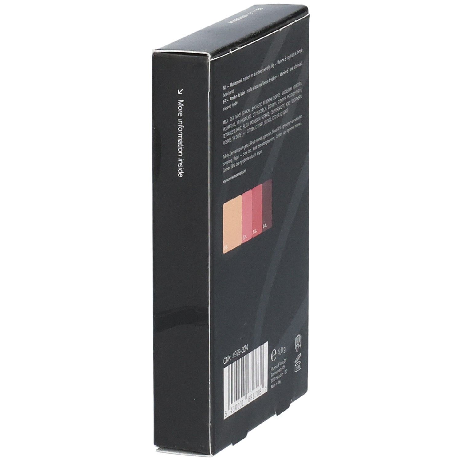 Seitenansicht der Lidschattenpalette 03 Les Bordeaux mit Barcode und Gewicht.