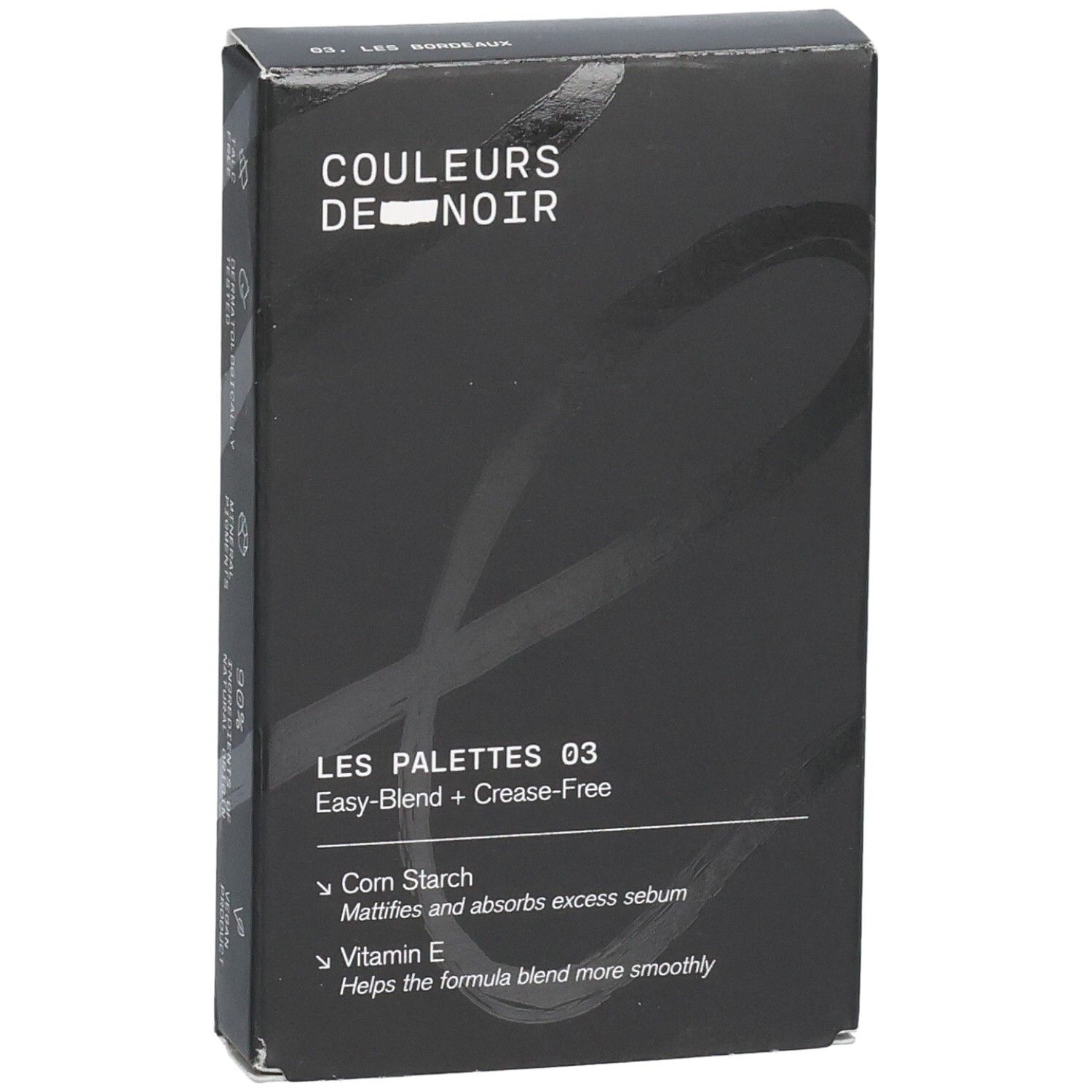 Verpackung der Lidschattenpalette 03 Les Bordeaux, mit den Vorteilen Easy-Blend und Crease-Free.