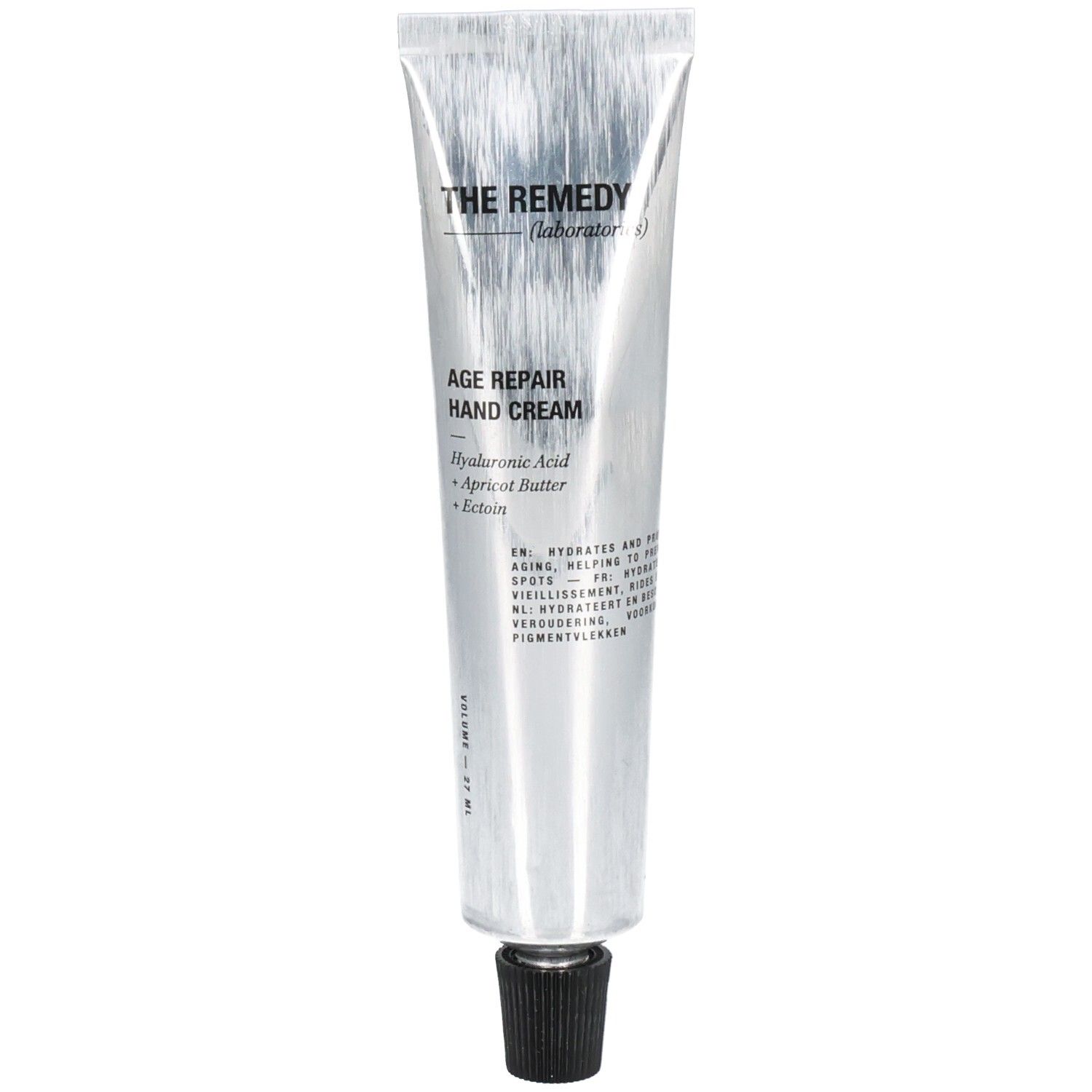Silberfarbene Tube mit schwarzem Verschluss. Aufschrift: THE REMEDY, AGE REPAIR HAND CREAM, Inhaltsstoffe.