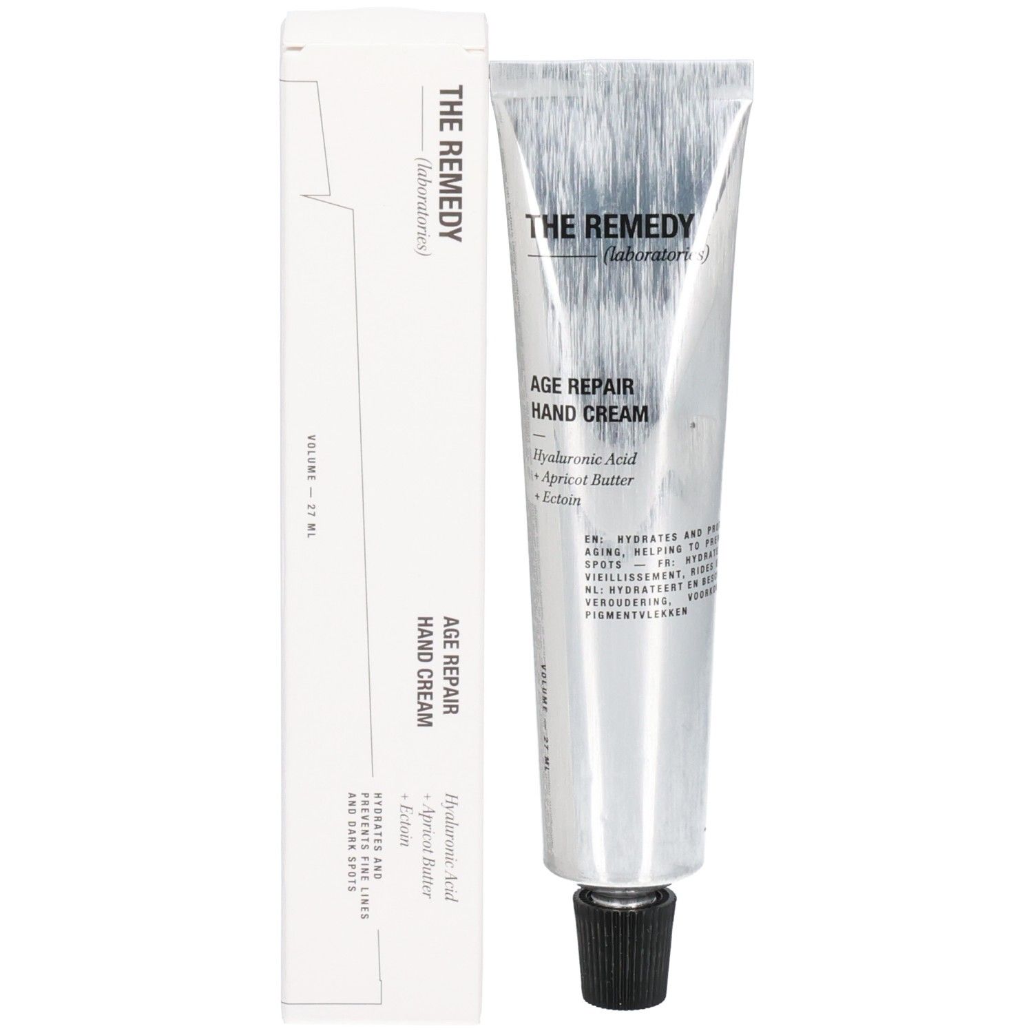 Tube und Verpackung. Aufschrift: THE REMEDY, AGE REPAIR HAND CREAM, Inhaltsstoffe.