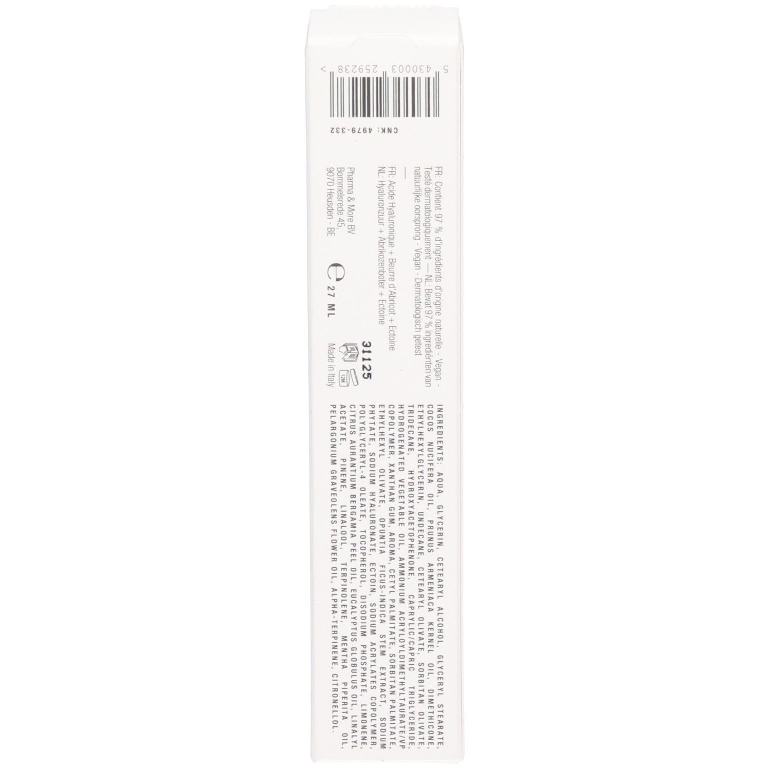 Verpackung. Text: Inhaltsstoffe, Herstellerinformationen, Chargennummer, EAN-Code.