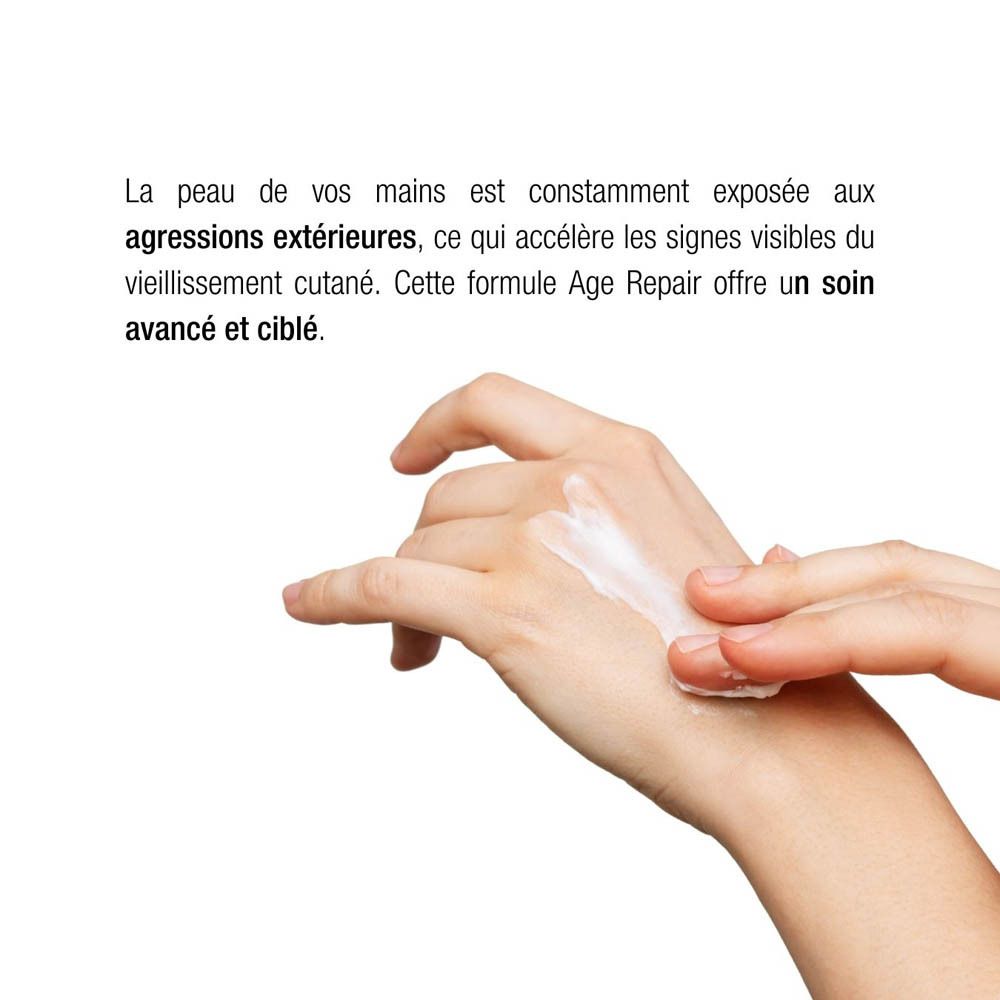 Main appliquant la crème. Texte: informations d'utilisation.