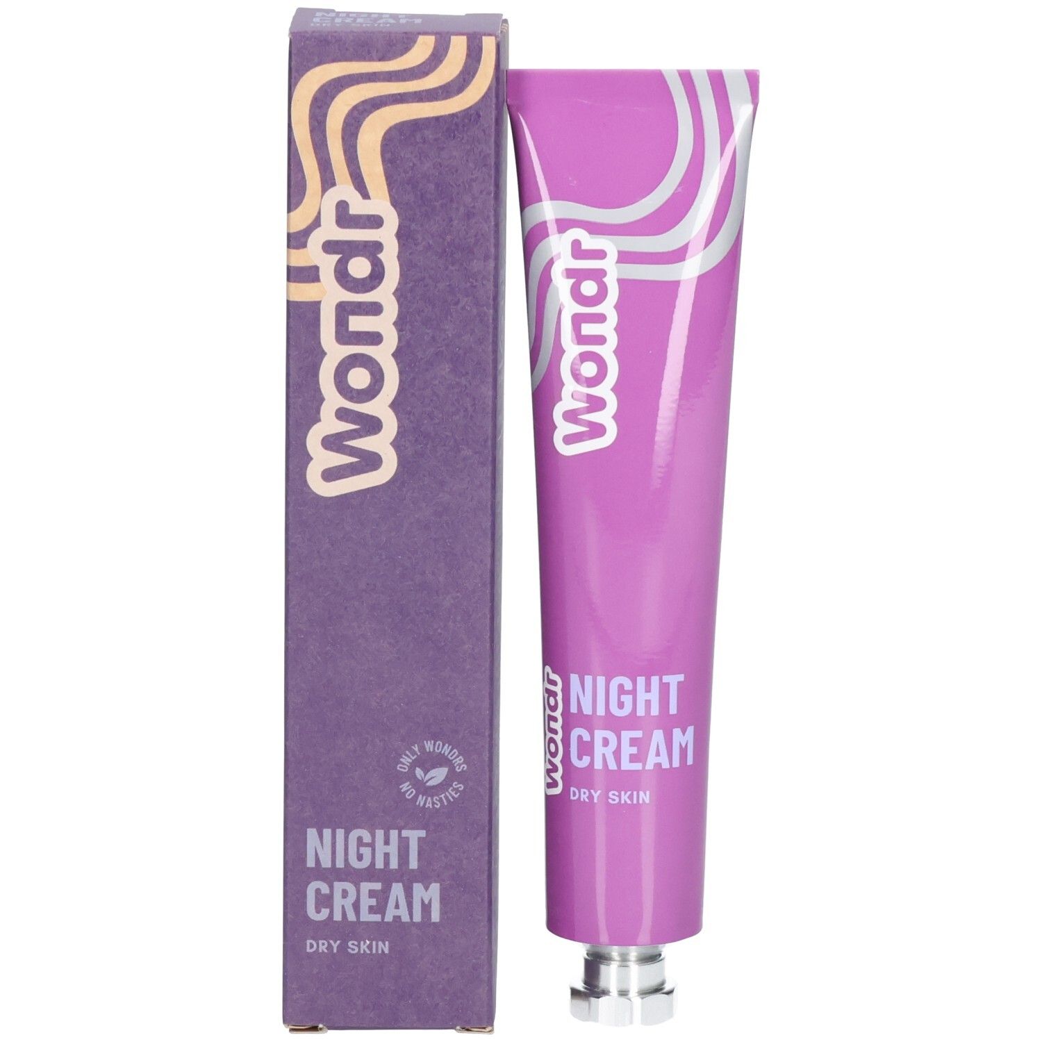 Tube und Schachtel. Lila Tube mit weißem Schriftzug "Wondr" und "Night Cream Dry Skin". Lila Schachtel.