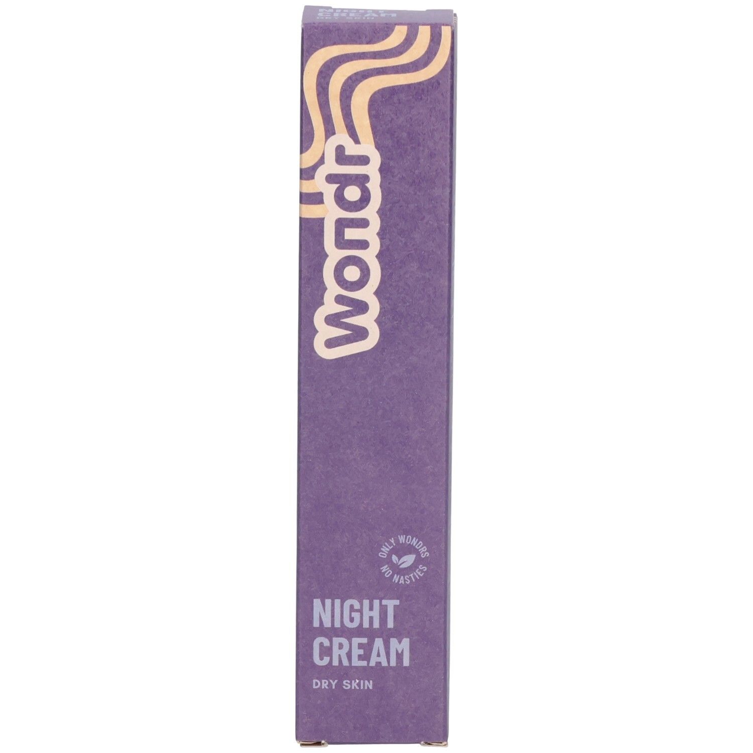 Lila Schachtel mit Schriftzug "Wondr" und "Night Cream Dry Skin".