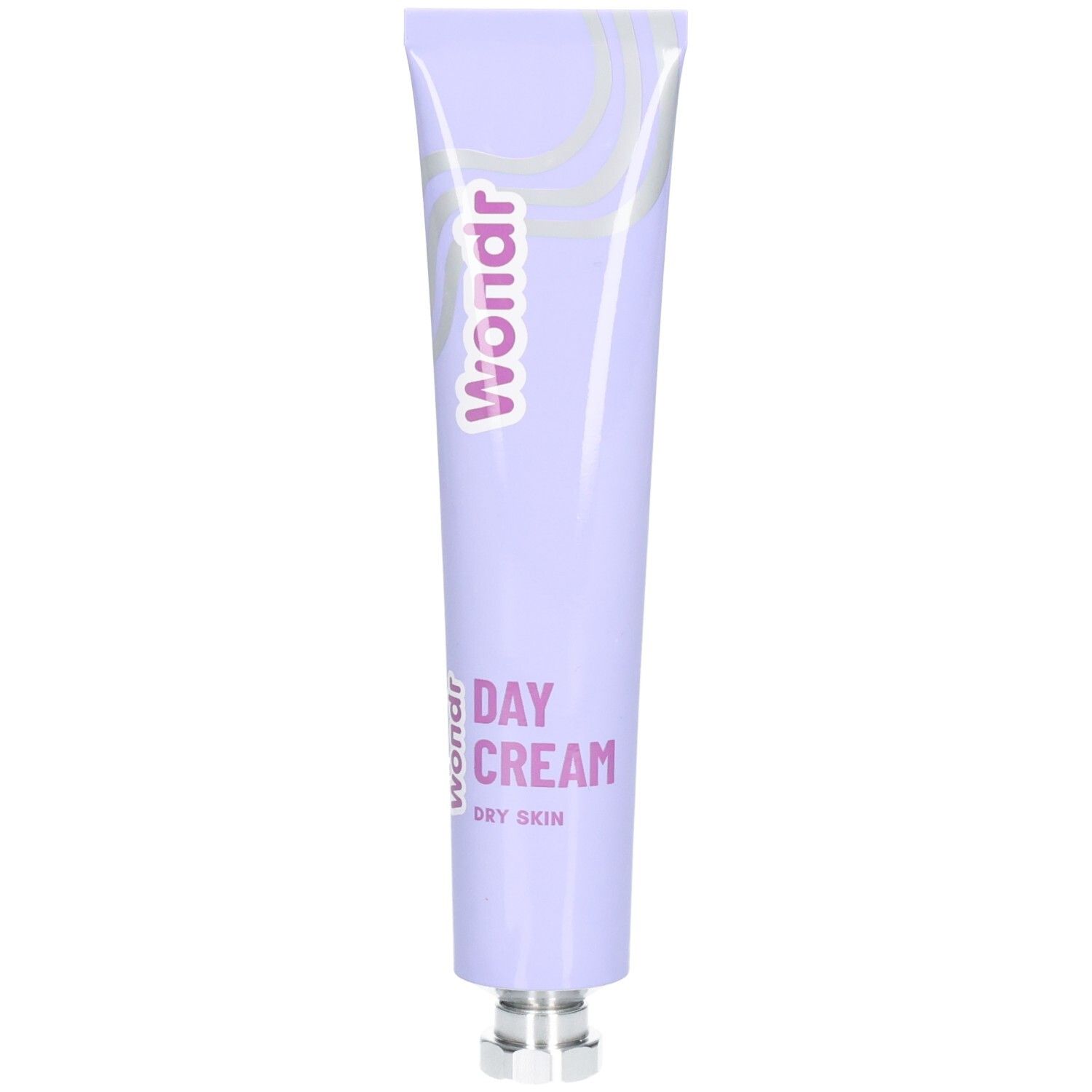 Lila Tube mit Tagescreme für trockene Haut. Schriftzug: Wondr, Day Cream, Dry Skin.
