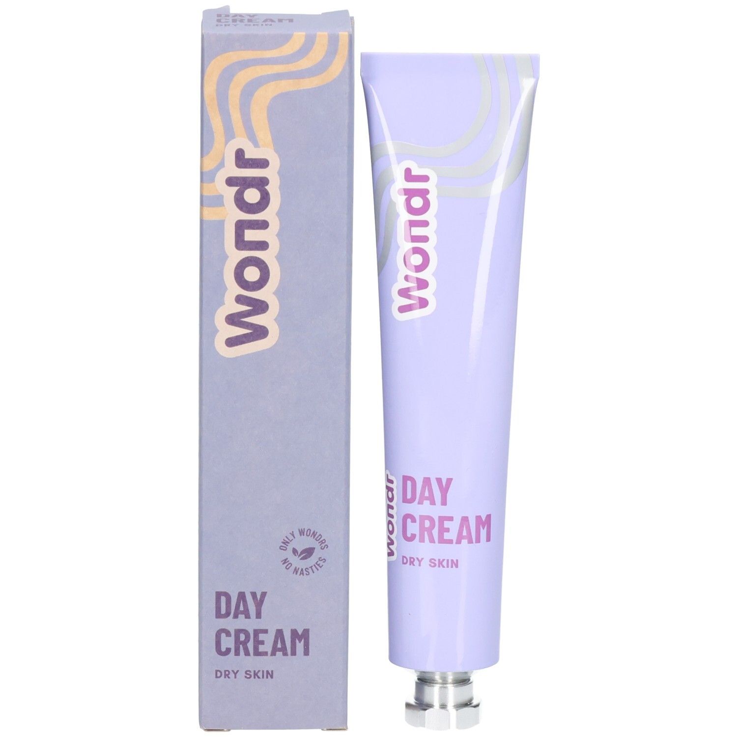 Produktverpackung mit Tube und Schachtel. Lila Design mit Schriftzug: Wondr, Day Cream, Dry Skin.
