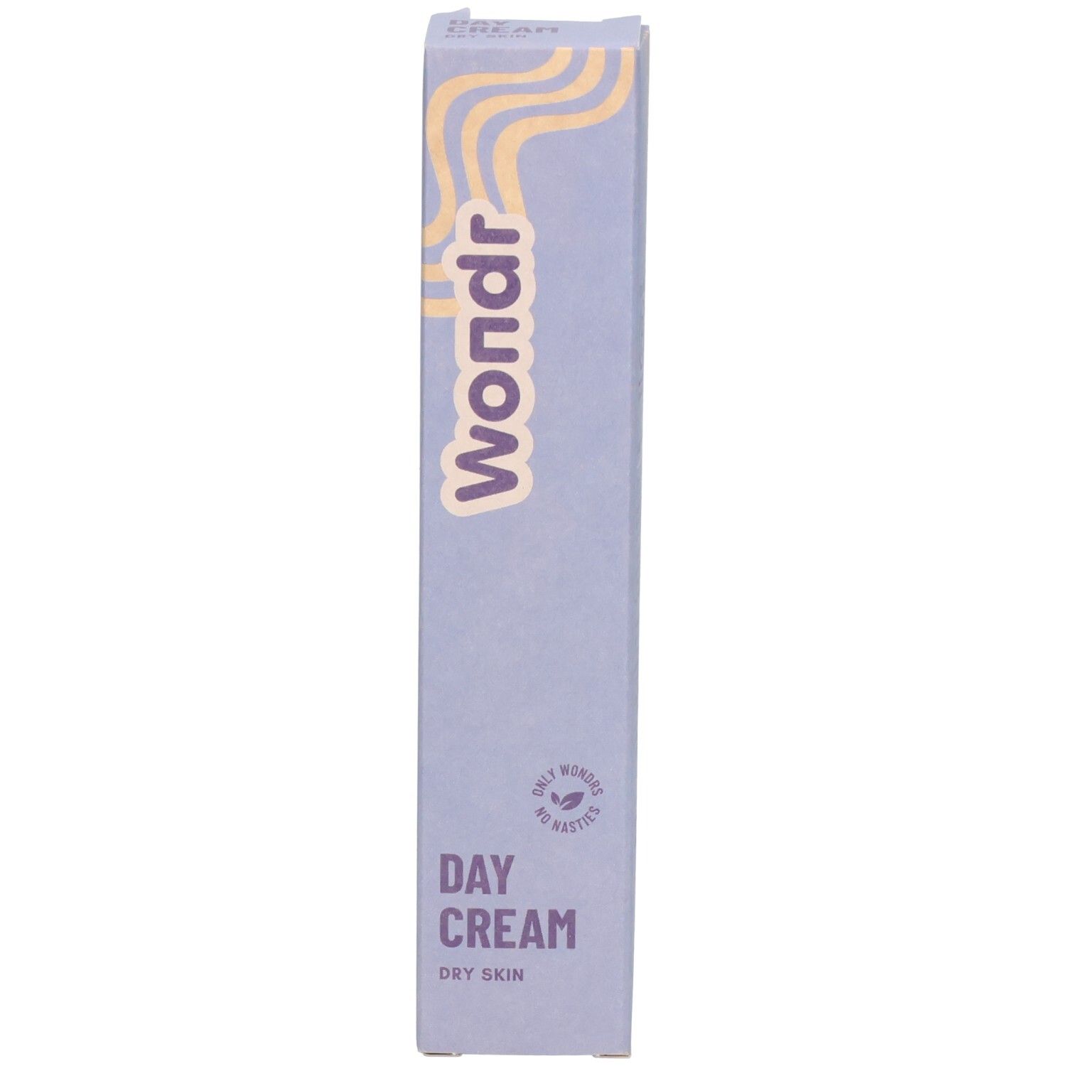 Schachtel mit Schriftzug: Wondr, Day Cream, Dry Skin. Lila Design mit gelben Wellen.