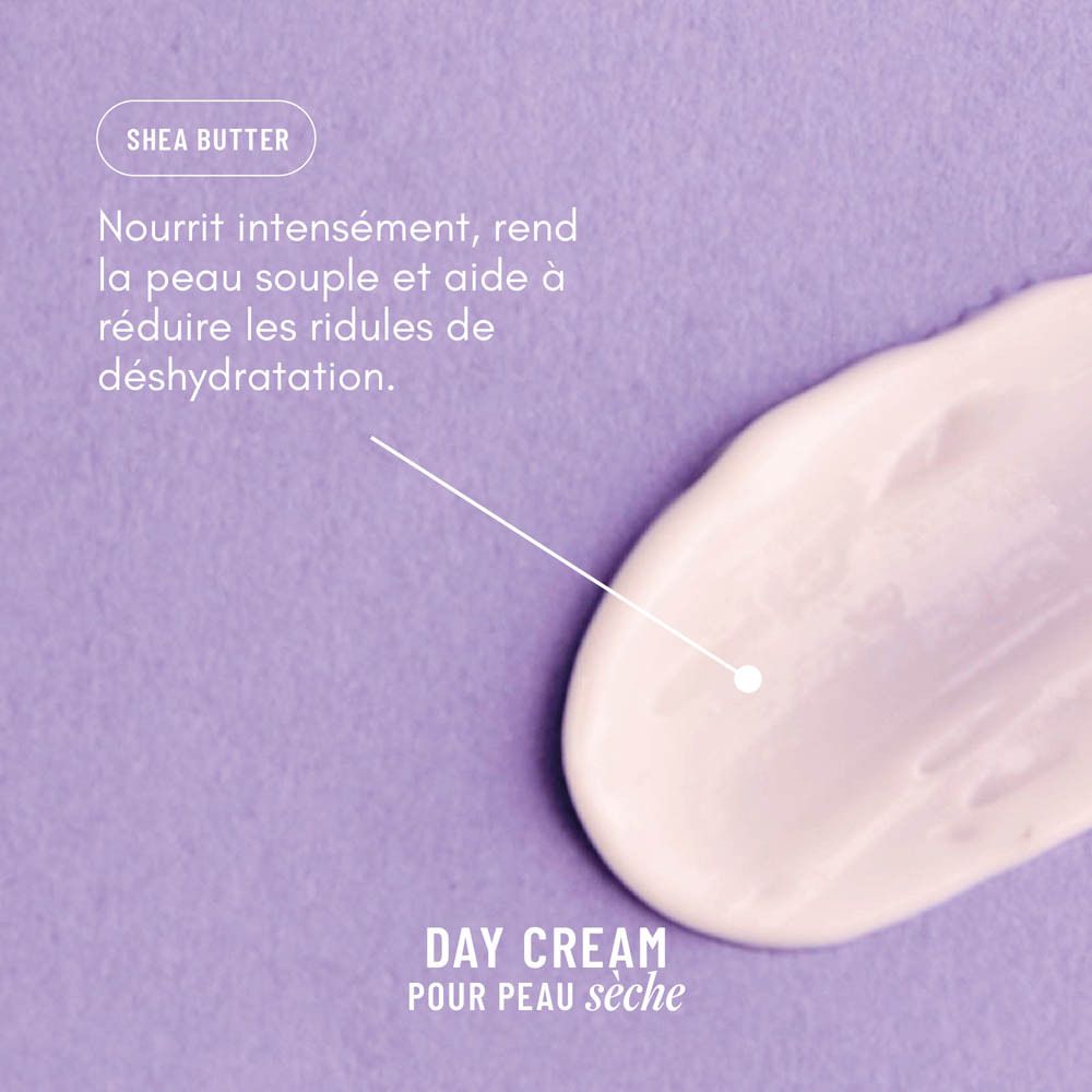 Boîte avec inscriptions : Wondr, Day Cream, Dry Skin. Design lilas.
