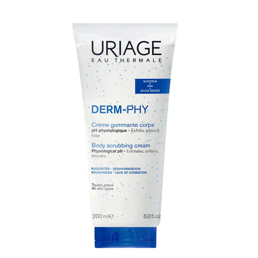 Uriage Derm-Phy Crème gommante corps dans un tube blanc avec bouchon bleu. Contient glycérine et billes de silice.