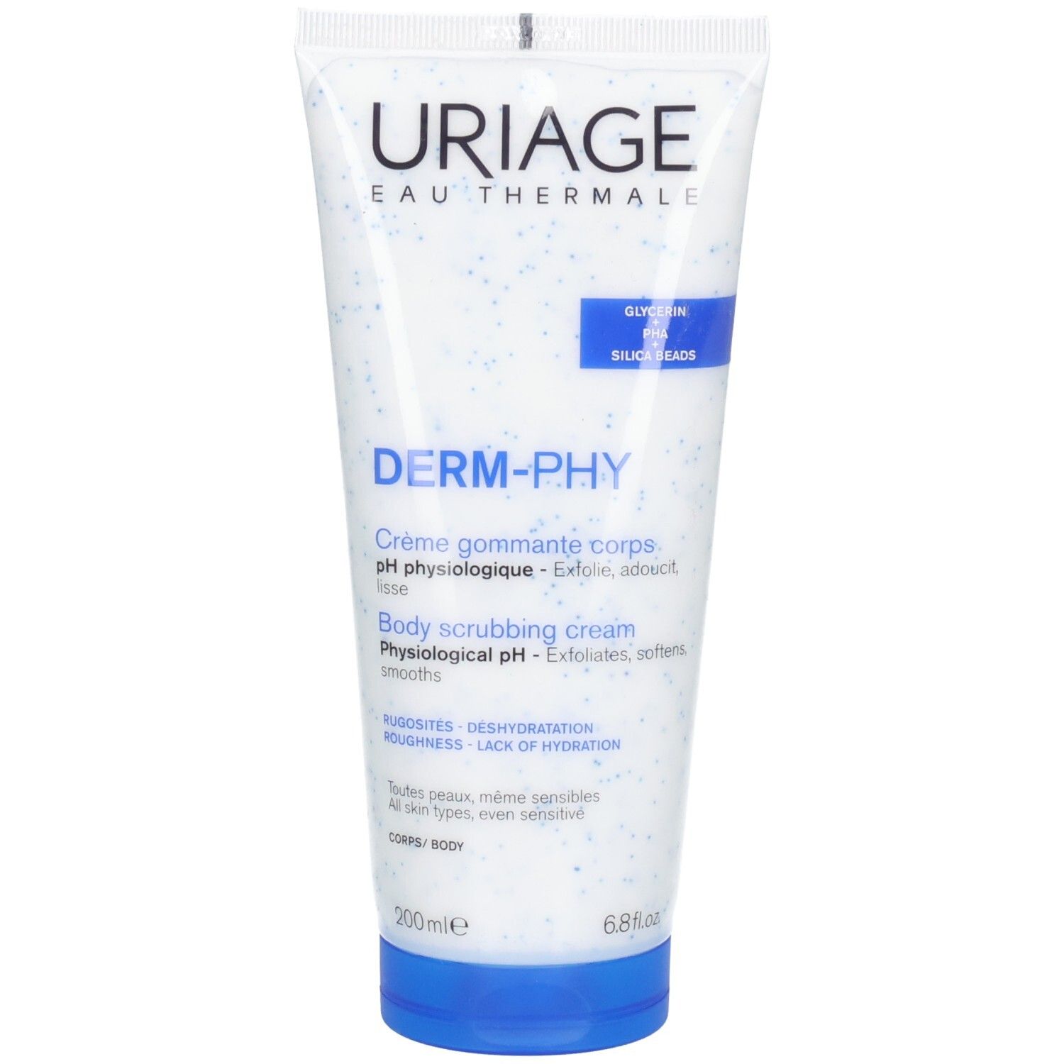 Uriage Derm-Phy Körperpeeling-Creme in einer weißen Tube mit blauem Deckel. Enthält Glycerin und Siliciumperlen.