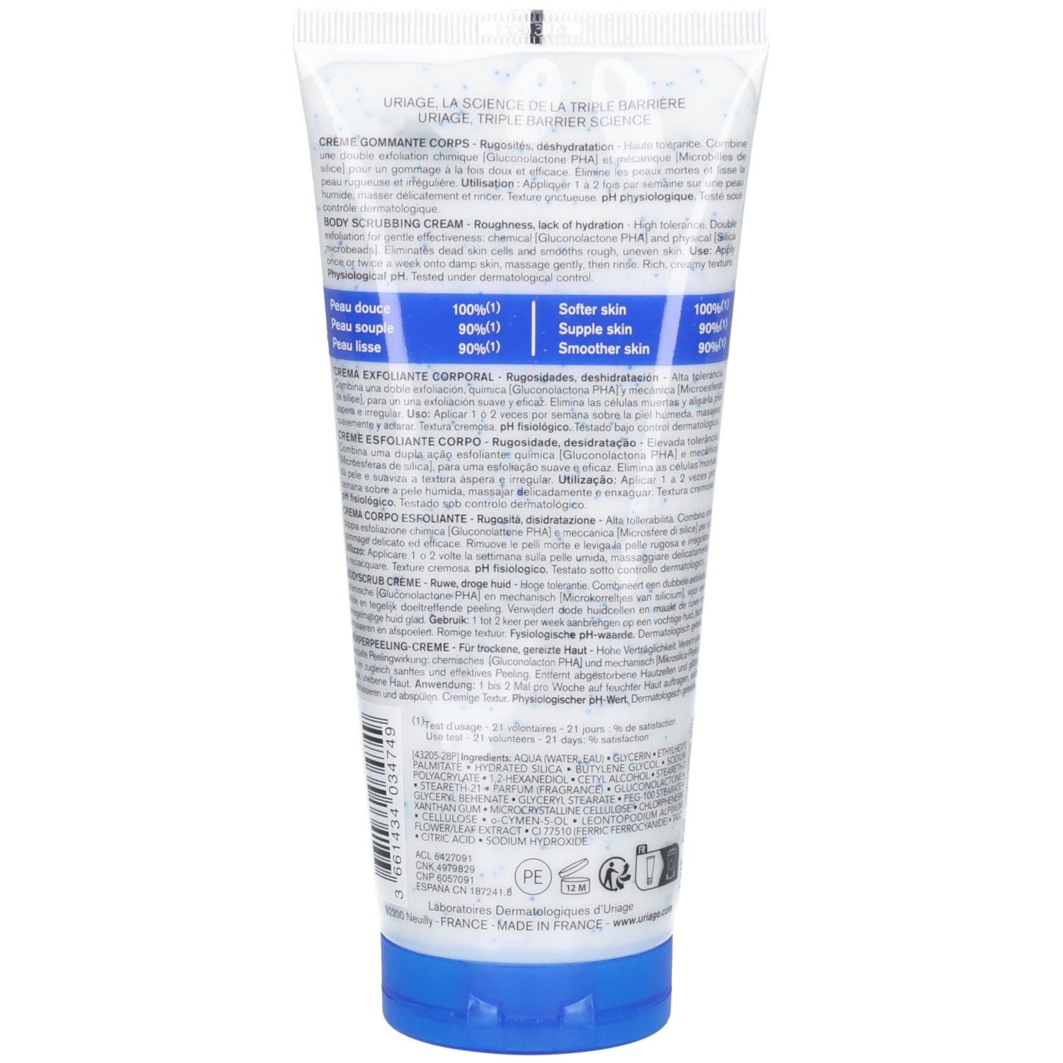 Rückseite einer Uriage Derm-Phy Körperpeeling-Creme-Tube mit detaillierten Produktinformationen und Inhaltsstoffen.