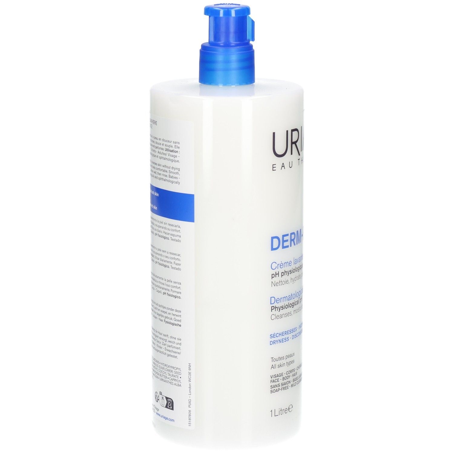 Rückseite der Uriage Derm-Phy Reinigungscreme mit Pumpspender, 1 Liter.