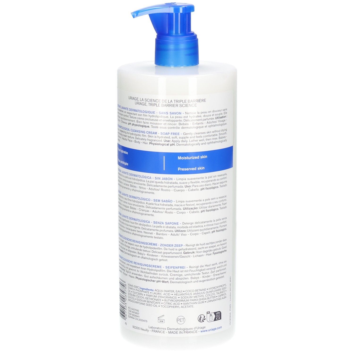 Rückseite der Uriage Derm-Phy Reinigungscreme mit Pumpspender, 1 Liter.