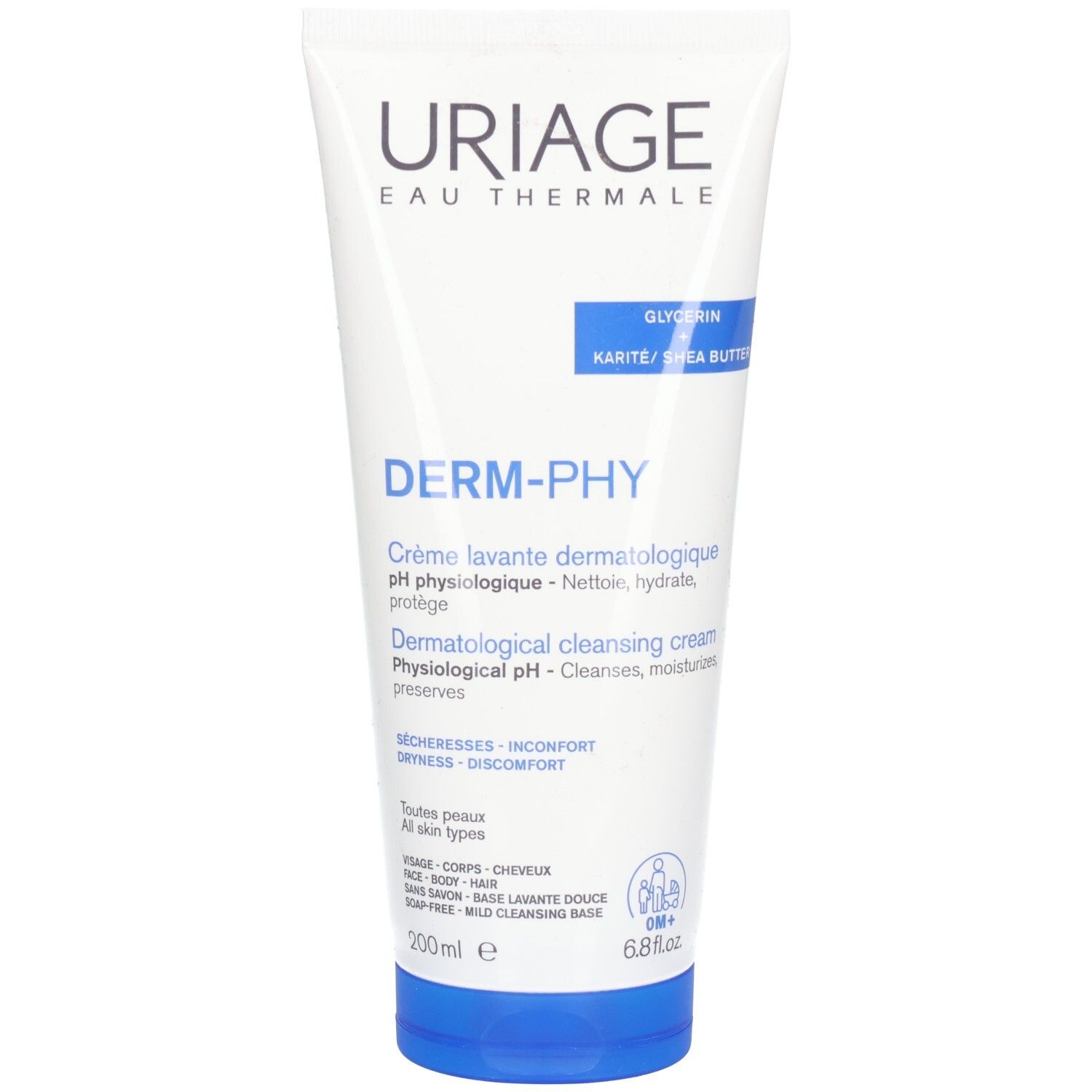 Weiß-blaue Tube mit Produktnamen und Schriftzug. Enthält Glycerin und Karitébutter. 200 ml.