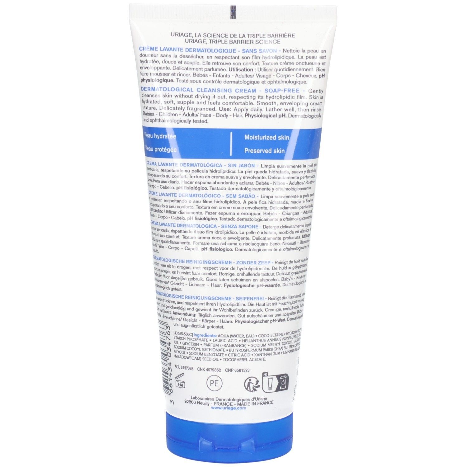 Rückseite der Tube mit Produktinformationen und Inhaltsstoffen. Text in mehreren Sprachen.