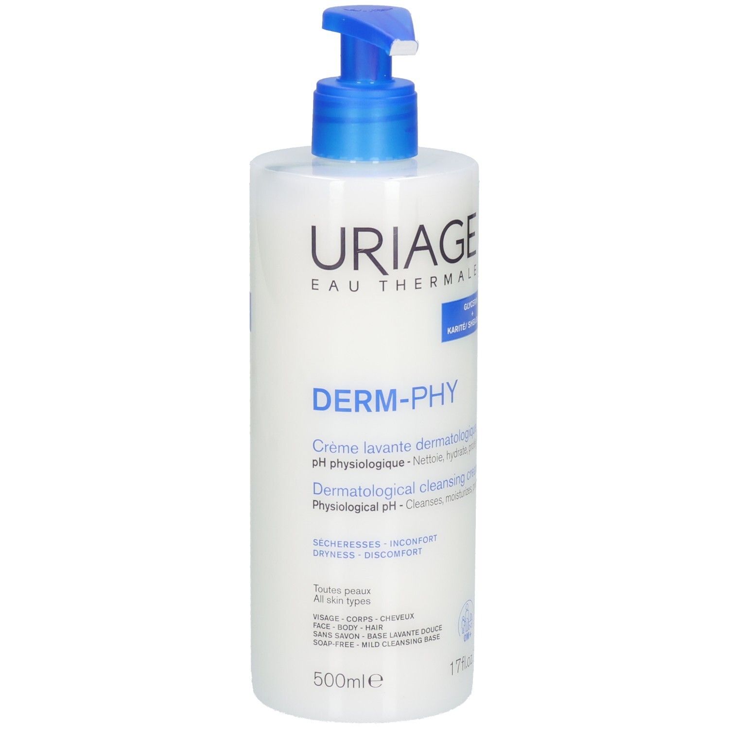 Uriage Crème Lavante Flasche. Weiß, mit blauem Pumpkopf. Text: Derm-Phy, pH physiologique, 500ml. Für alle Hauttypen.
