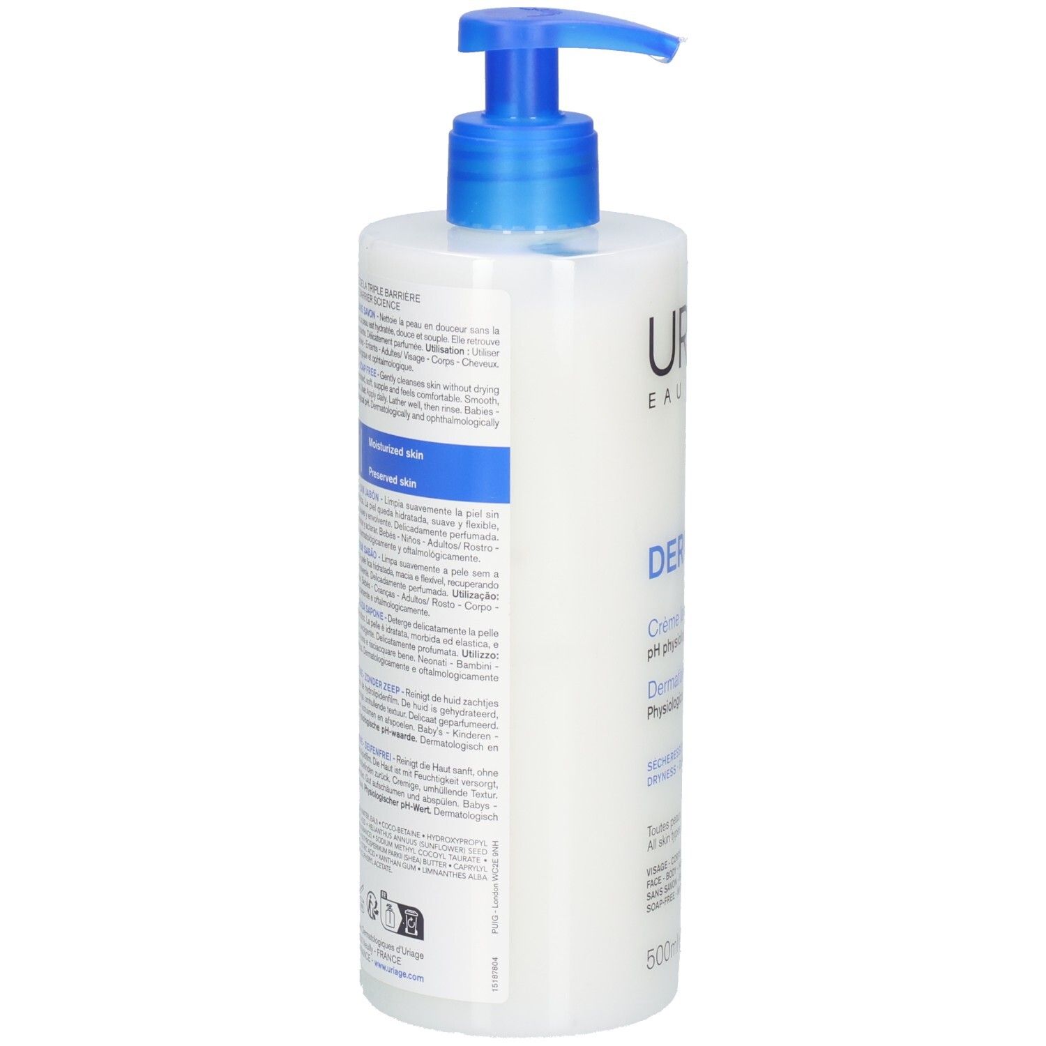 Uriage Crème Lavante Flasche, Rückansicht. Weiß, mit blauem Pumpkopf. Text: Derm-Phy, pH physiologique. Für empfindliche Haut.