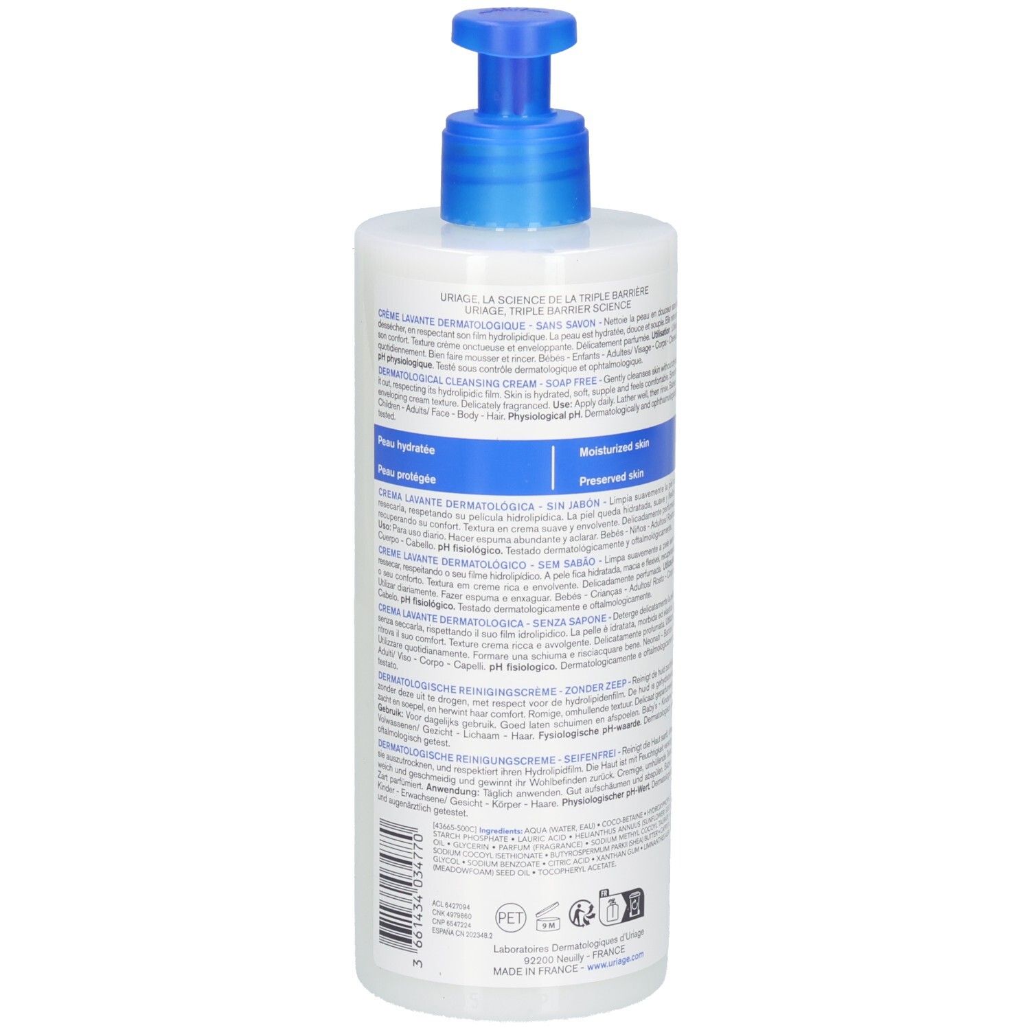 Rückansicht der Uriage Crème Lavante Flasche. Weiß, mit blauem Pumpkopf. Text: pH physiologique, sans savon. Für empfindliche Haut.