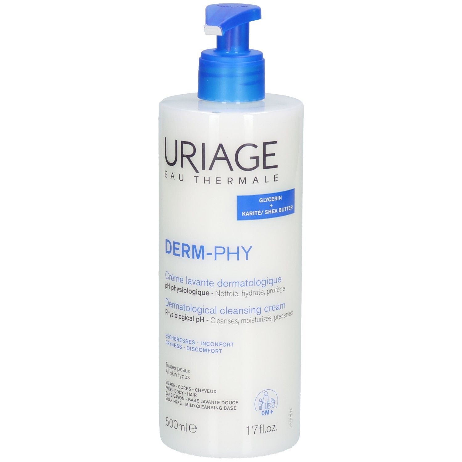 Uriage Crème Lavante Flasche. Weiß, mit blauem Pumpkopf. Text: Derm-Phy, pH physiologique, 500ml. Mit Glycerin und Shea Butter.