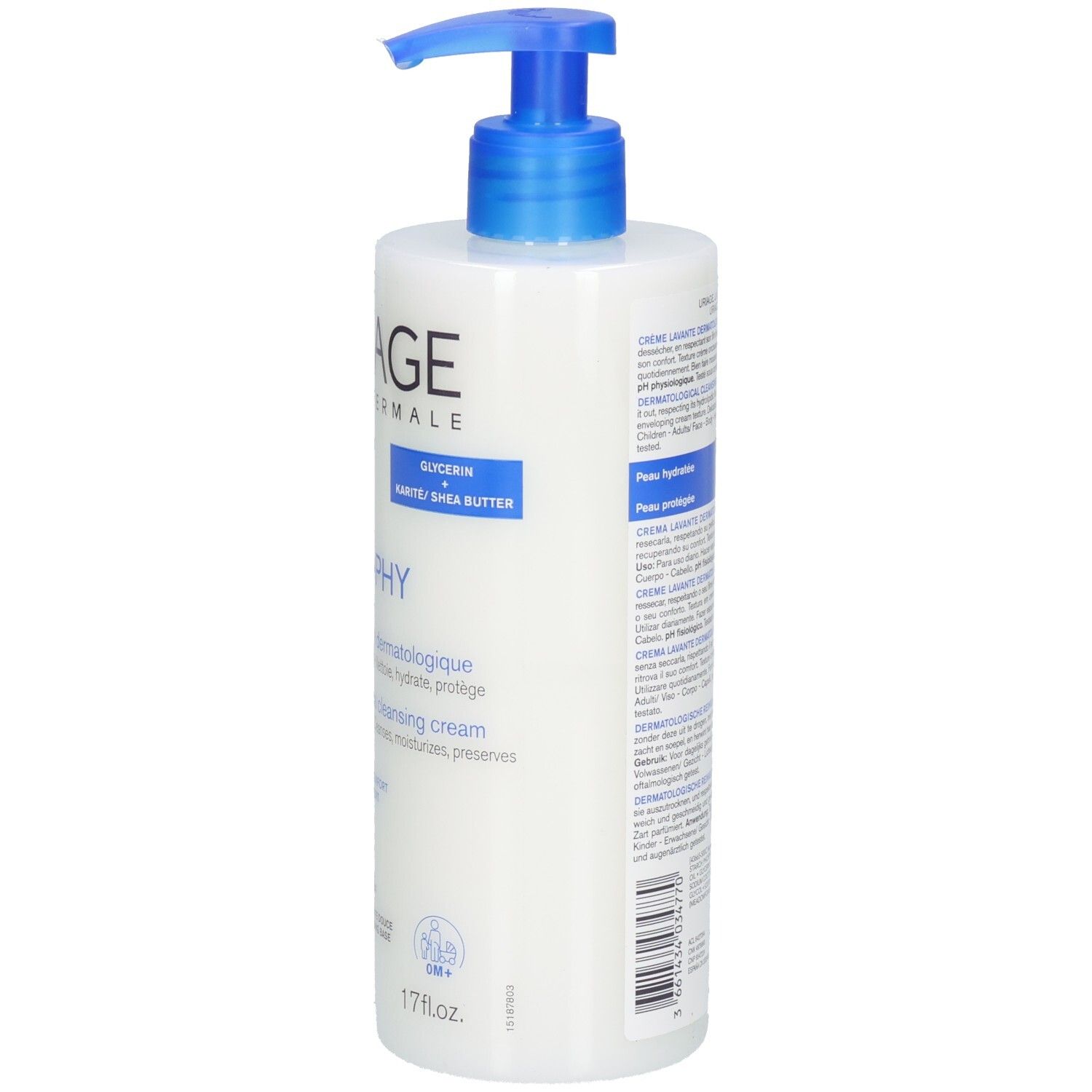 Uriage Crème Lavante Flasche, Rückansicht. Weiß, mit blauem Pumpkopf. Text: Derm-Phy, pH physiologique. Mit Glycerin und Shea Butter.