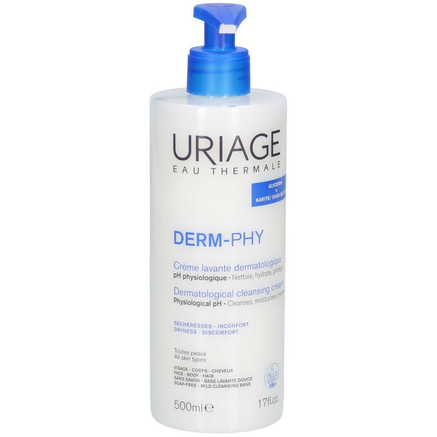 Uriage Crème Lavante Flasche. Weiß, mit blauem Pumpkopf. Text: Derm-Phy, pH physiologique, 500ml. Für alle Hauttypen.