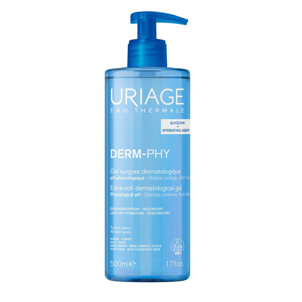 Gel surgras dermatologique Uriage Derm-Phy dans un flacon pompe bleu.