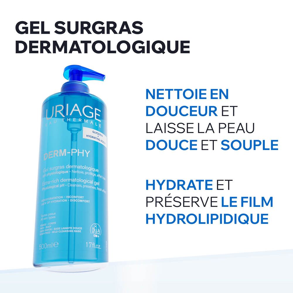 Gel Uriage Derm-Phy : Nettoie en douceur, laisse la peau douce et souple. Hydrate et préserve le film hydrolipidique.