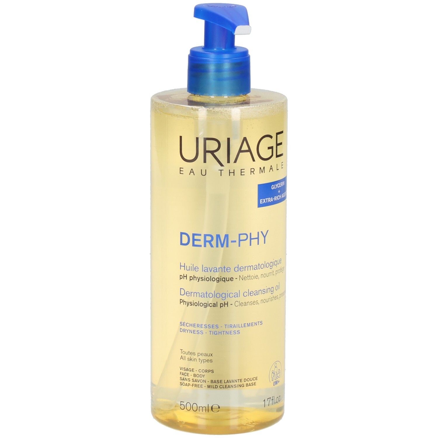Uriage Derm-Phy Reinigungsöl. Gelbe Flüssigkeit in einer transparenten Flasche mit blauem Pumpverschluss. Produktetikett.