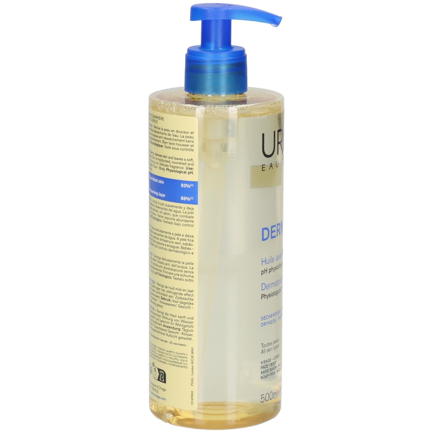 Uriage Derm-Phy Reinigungsöl. Transparente Flasche mit gelber Flüssigkeit. Rückseite mit Produktinformationen und Etikett.