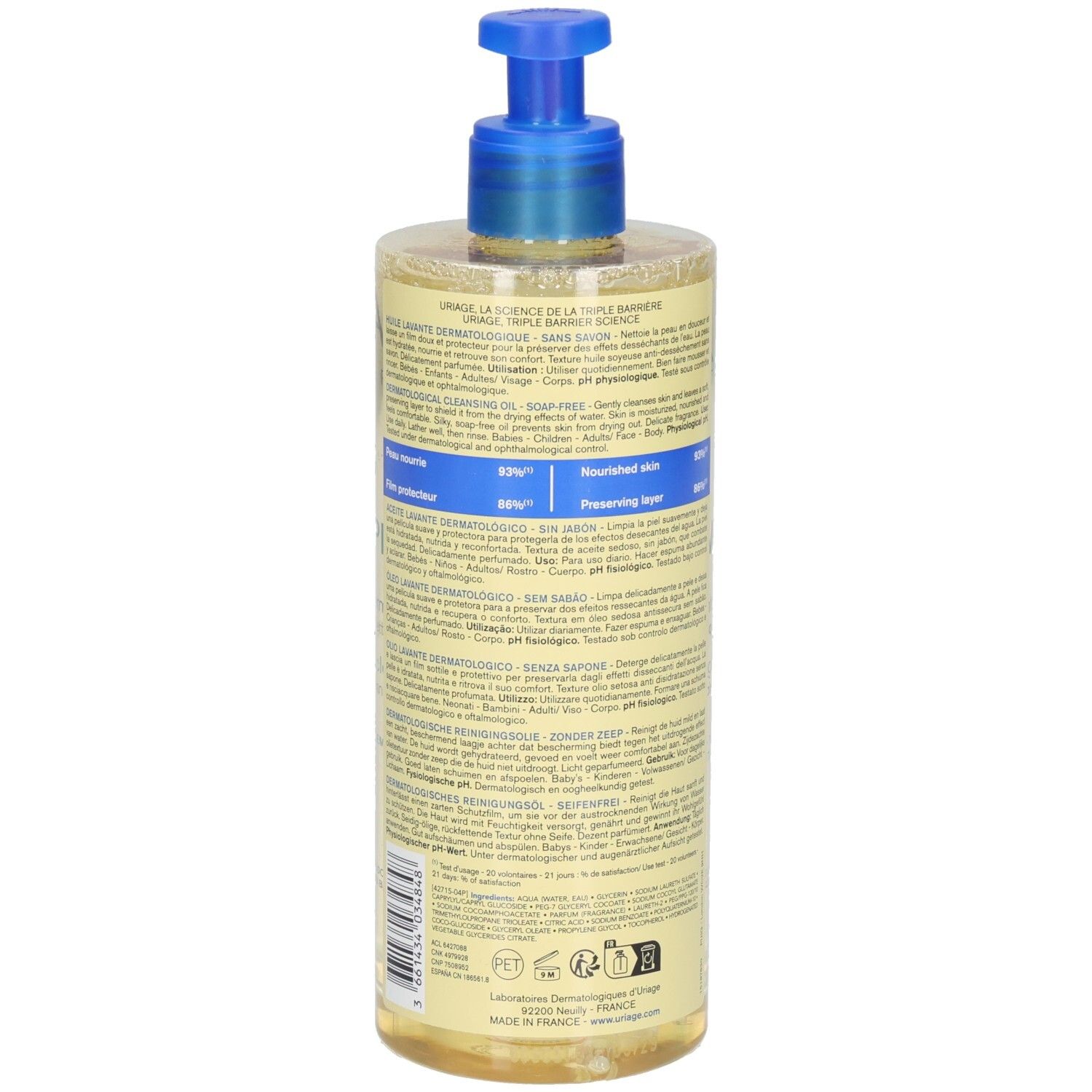 Uriage Derm-Phy Reinigungsöl. Rückansicht der Flasche mit Produktinformationen und Etikett. Blaue und gelbe Farbtöne.