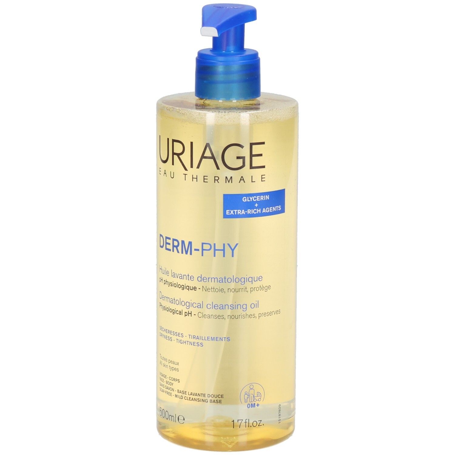 Uriage Derm-Phy Reinigungsöl. Gelbe Flüssigkeit in einer transparenten Flasche mit blauem Pumpverschluss. Produktetikett.