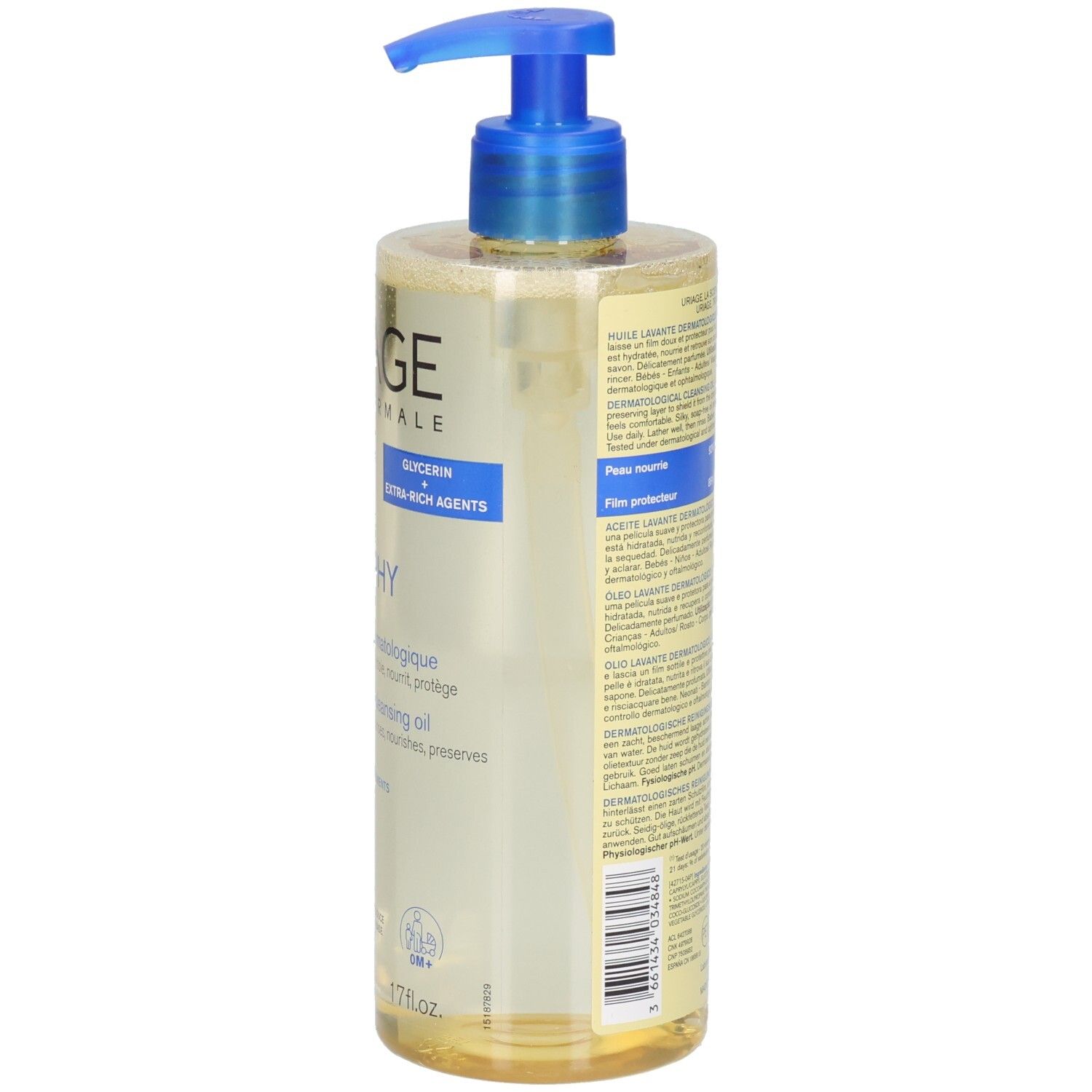 Uriage Derm-Phy Reinigungsöl. Transparente Flasche mit gelber Flüssigkeit. Rückseite mit Produktinformationen und Etikett.