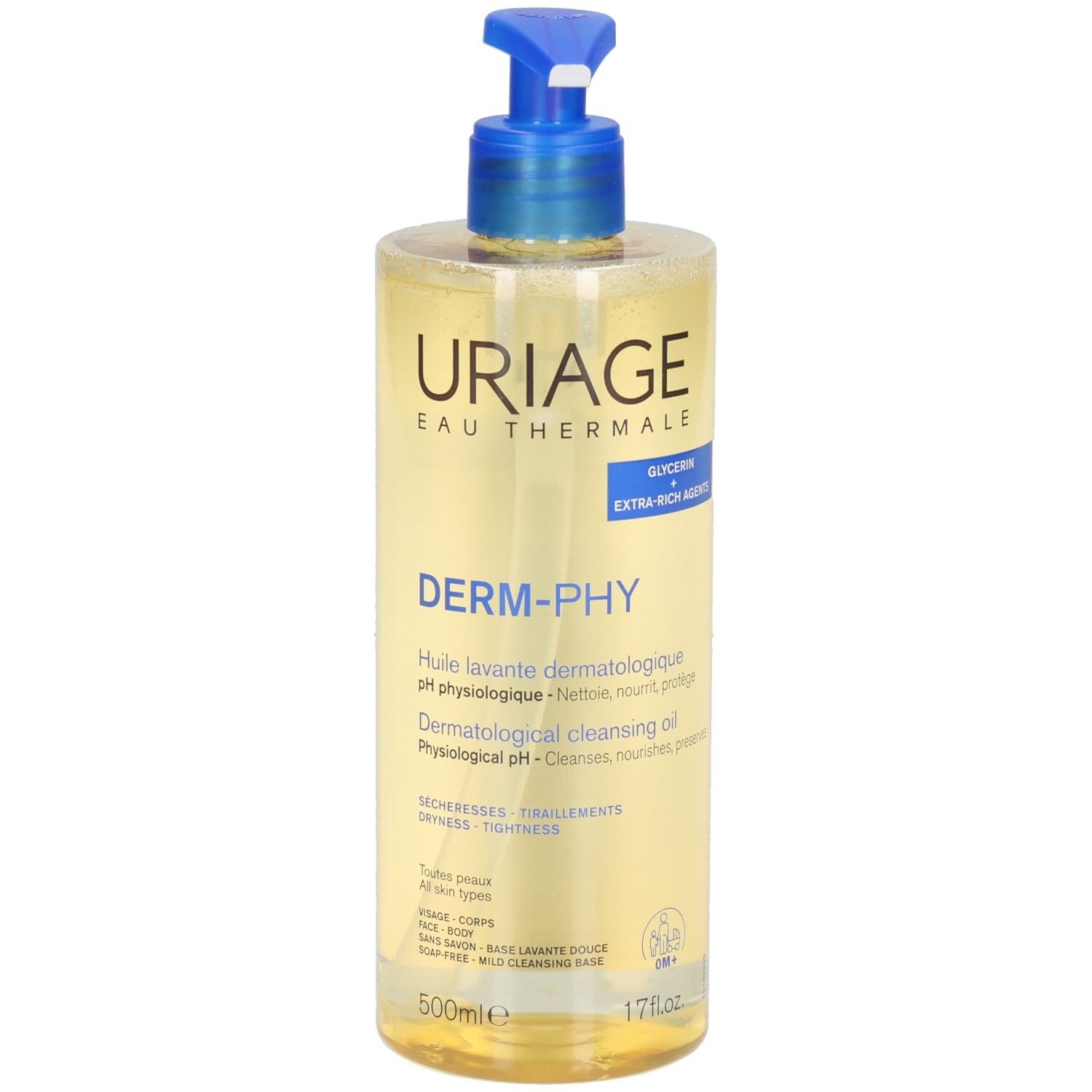 Uriage Derm-Phy Reinigungsöl. Gelbe Flüssigkeit in einer transparenten Flasche mit blauem Pumpverschluss. Produktetikett.