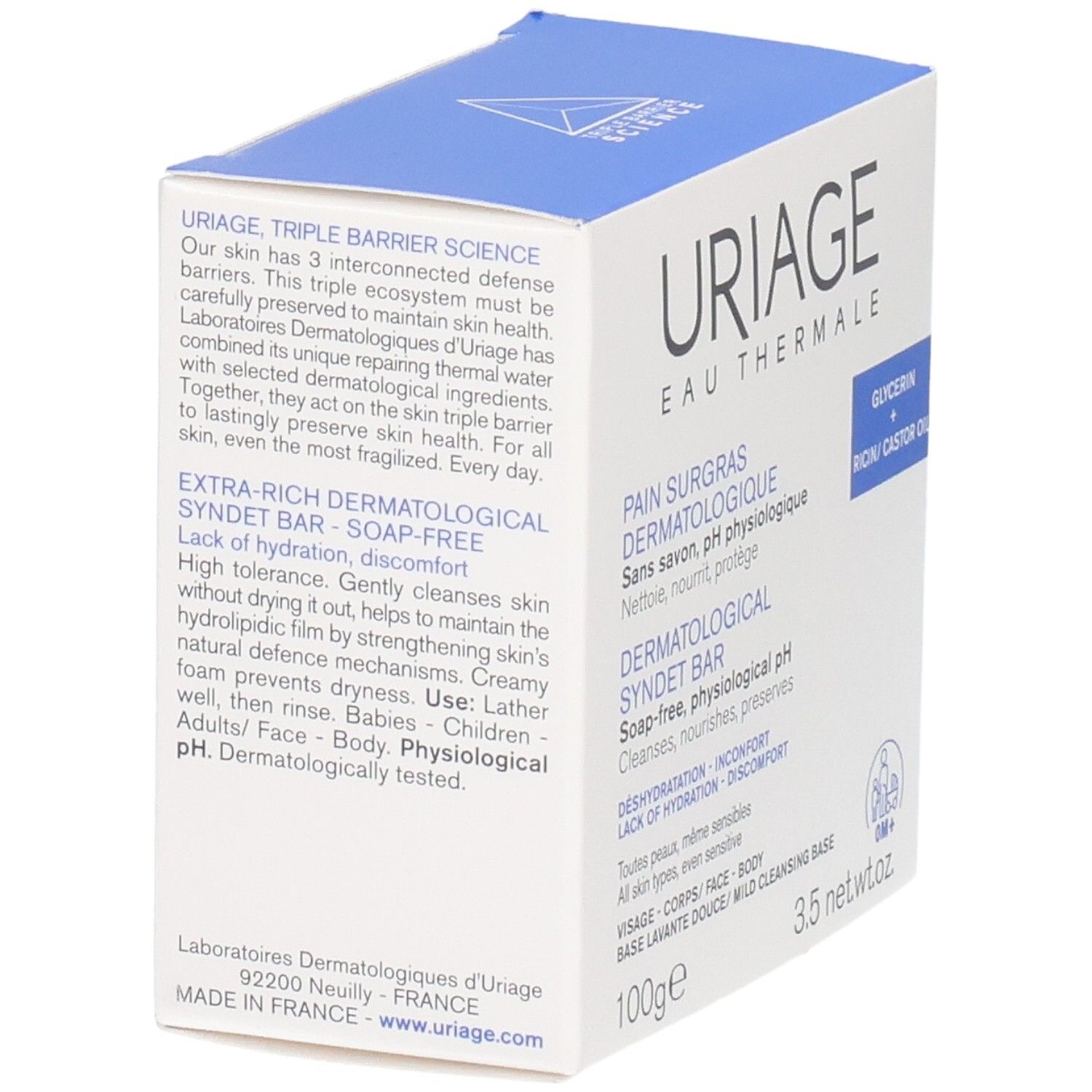 Uriage dermatologischer Syndetriegel, 100g. Seifenfrei, physiologischer pH-Wert. Für alle Hauttypen.