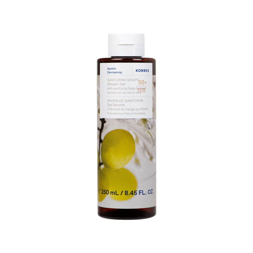 KORRES Santorini Grape Shower Gel, 250 ml. Transparent bottle with white cap. Features grape illustration.