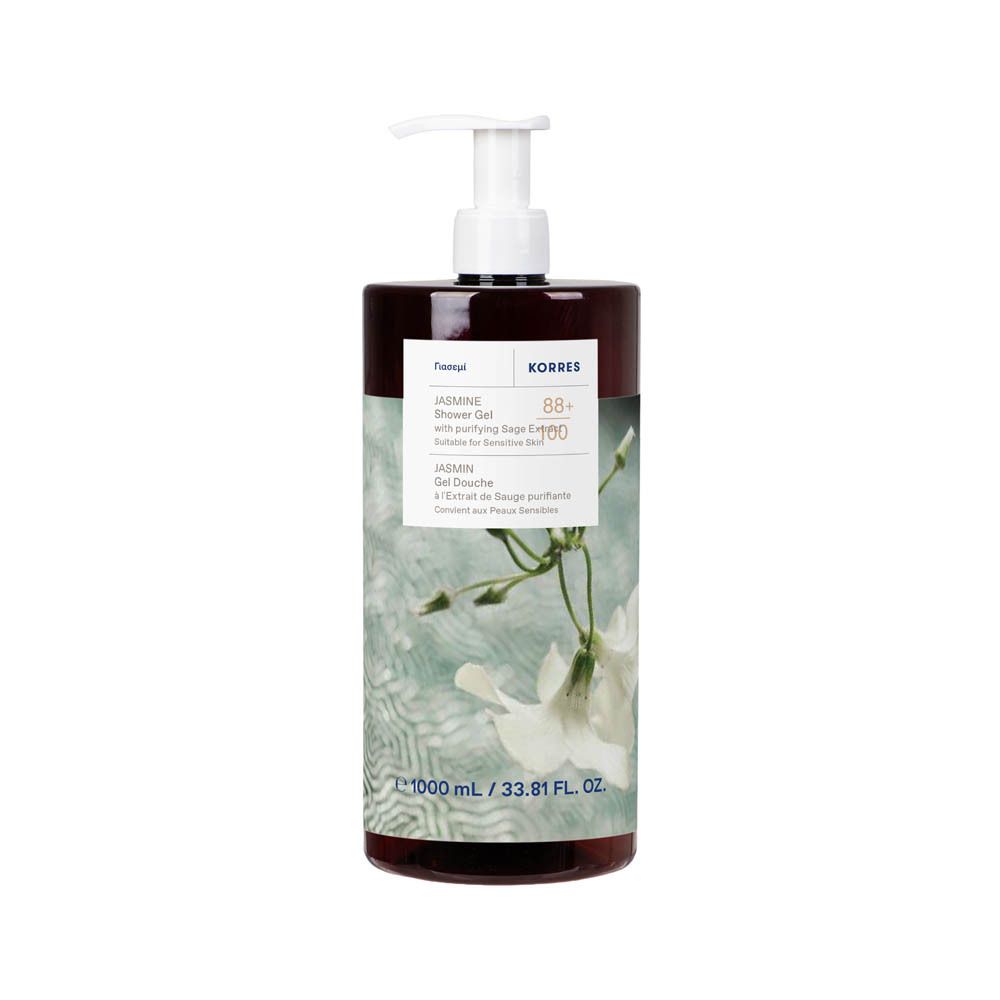 Gel douche Jasmin Korres. Grand flacon marron avec pompe. Étiquette avec infos produit et jasmin. 1000 ml.