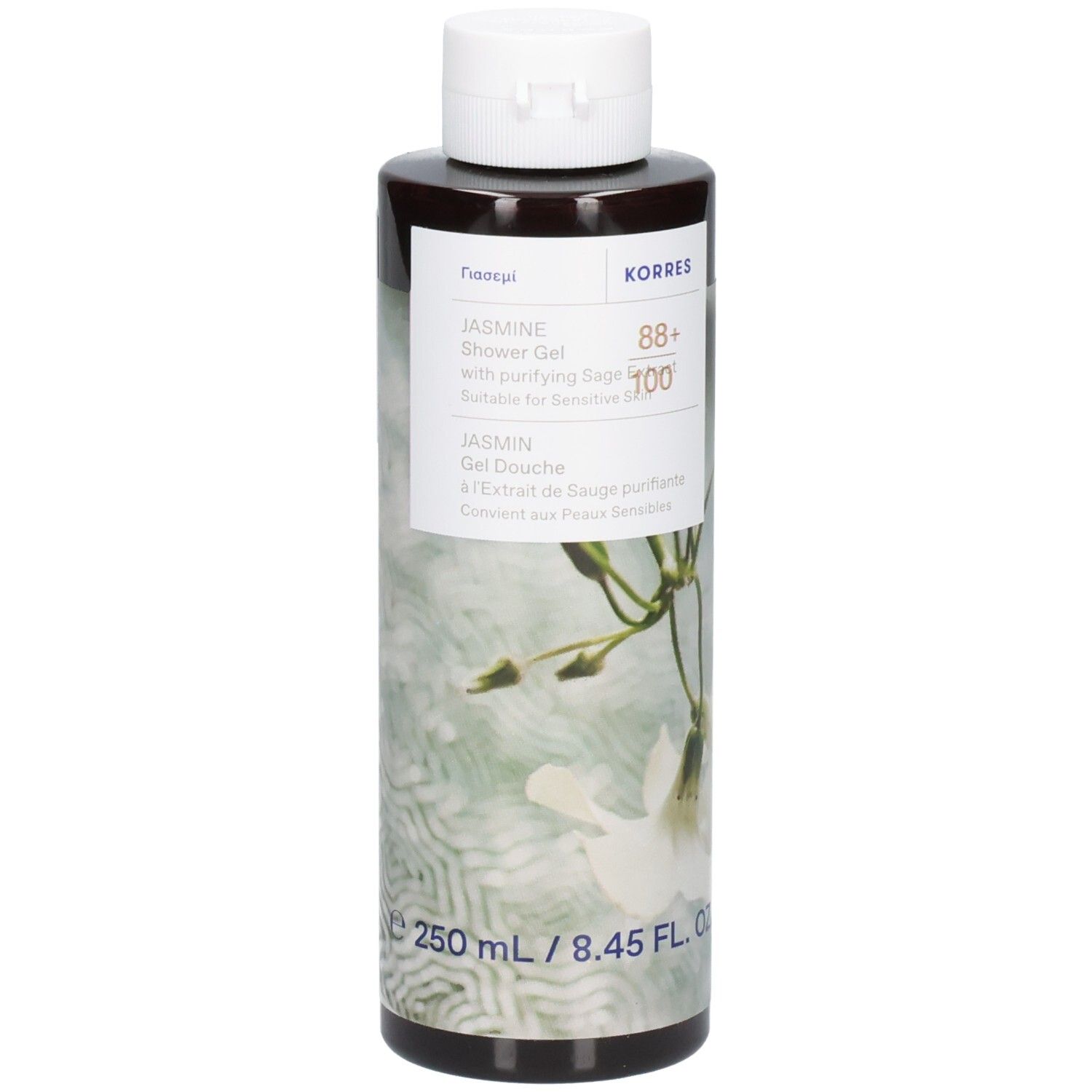 Korres Duschgel Jasmin. Braune Flasche mit weißem Deckel. Etikett mit Produktinformationen und Jasmin-Illustration.