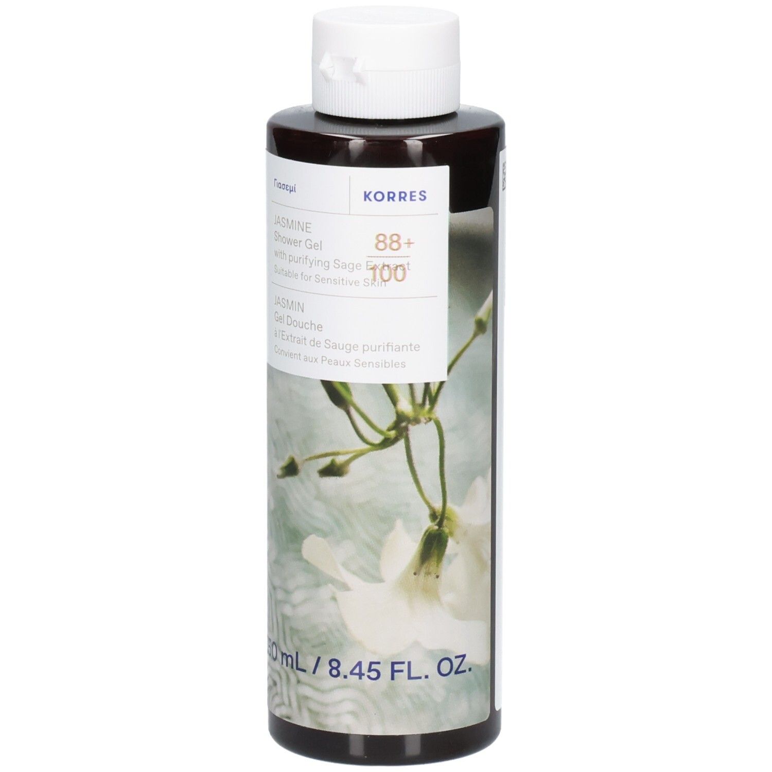 Korres Duschgel Jasmin. Braune Flasche mit weißem Deckel. Etikett mit Produktinformationen und Jasmin-Illustration.