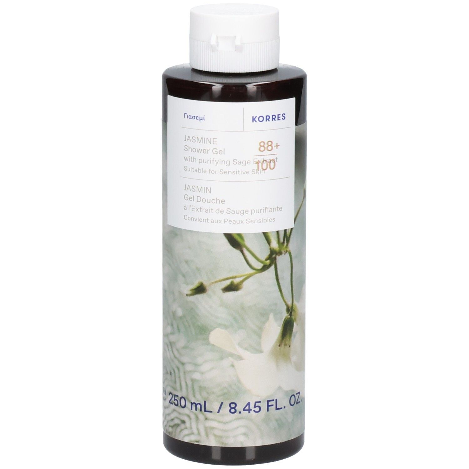 Korres Duschgel Jasmin. Braune Flasche mit weißem Deckel. Etikett mit Produktinformationen und Jasmin-Illustration.