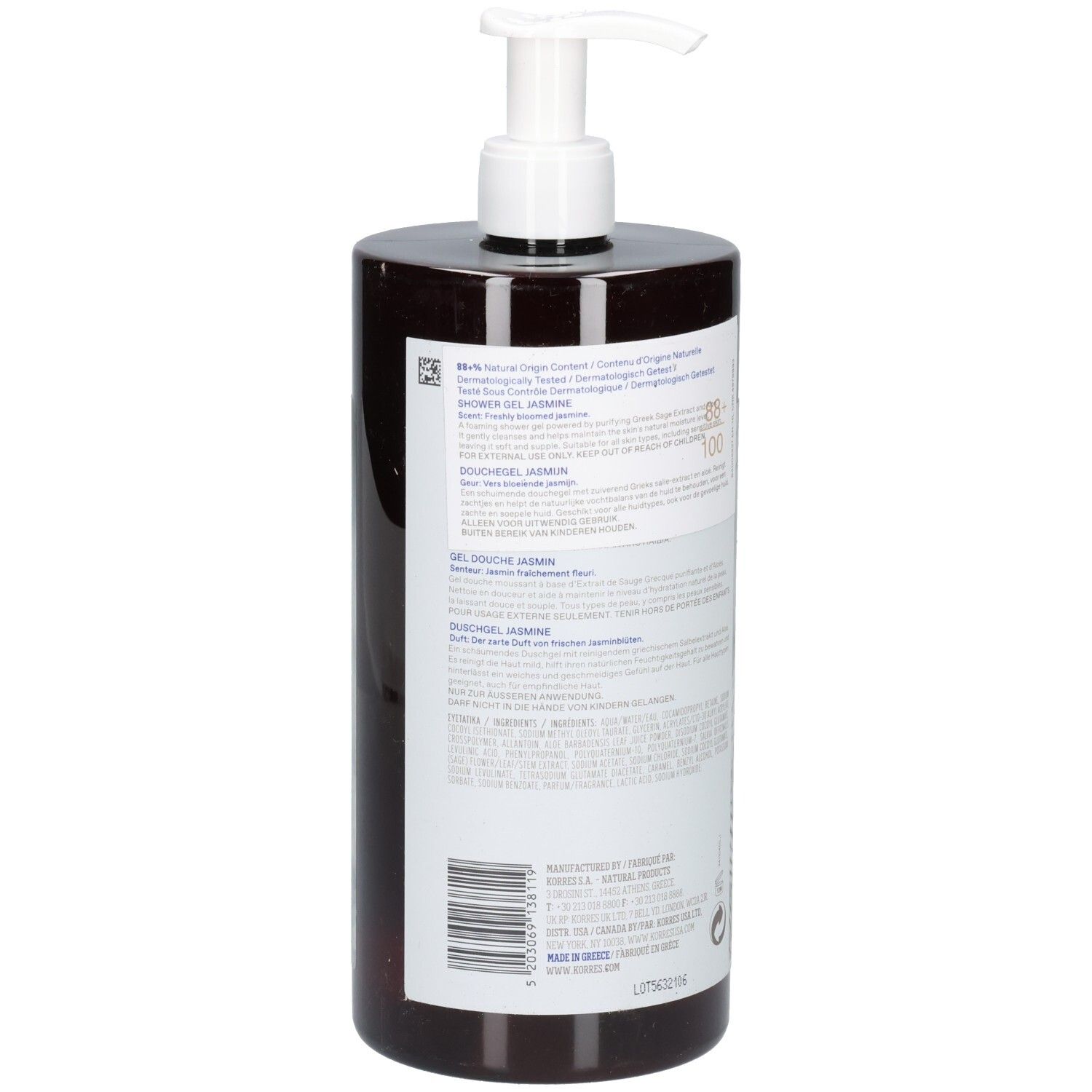 Korres KB Jasmine Gel Douche. Braune Flasche, Rückansicht. Etikett mit Produktinformationen und Barcode. Weißer Pumpkopf.