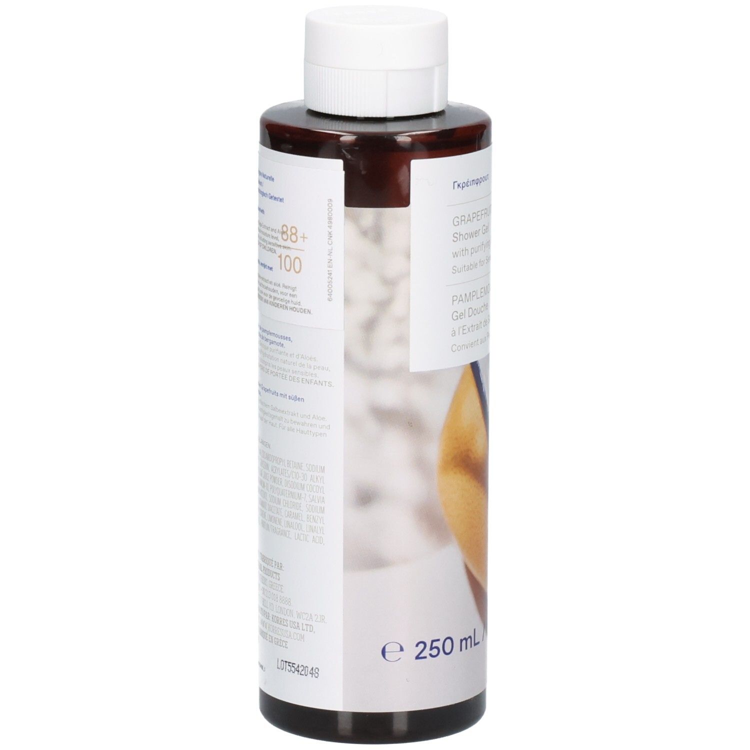 Braune Flasche mit weißem Deckel. Rückseite mit Produktinformationen und Barcode. Marke Korres.